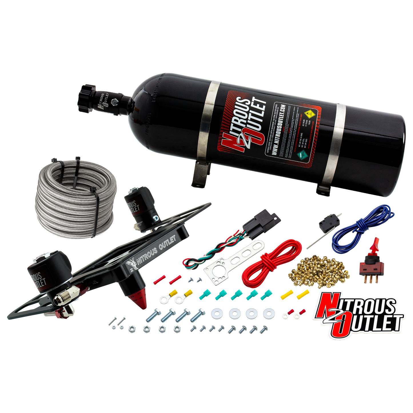 Nitrous Outlet 4500 Stinger 3 System - Hard-line/.122 Nitrous Solenoid/.177 Fuel Solenoid/Boomerang Solenoid Bracket - (Gas/E85)(5-55 psi)(50-500 HP)(15lb Bottle)