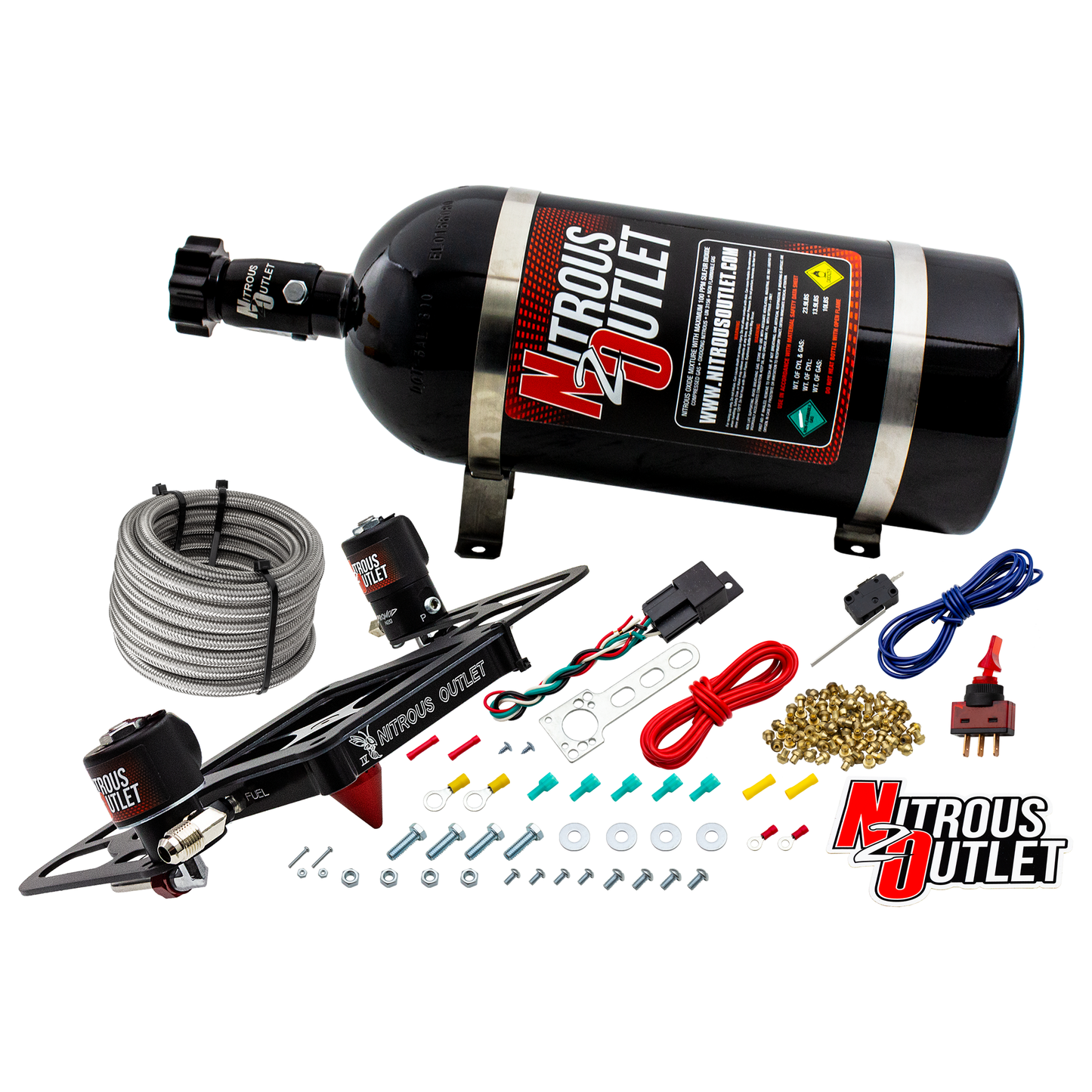 Nitrous Outlet 4500 Stinger 4 System - Hard-line/.122 Nitrous Solenoid/.177 Fuel Solenoid/Boomerang Solenoid Bracket - (Gas/E85)(5-55 psi)(50-500 HP)(10lb Bottle)