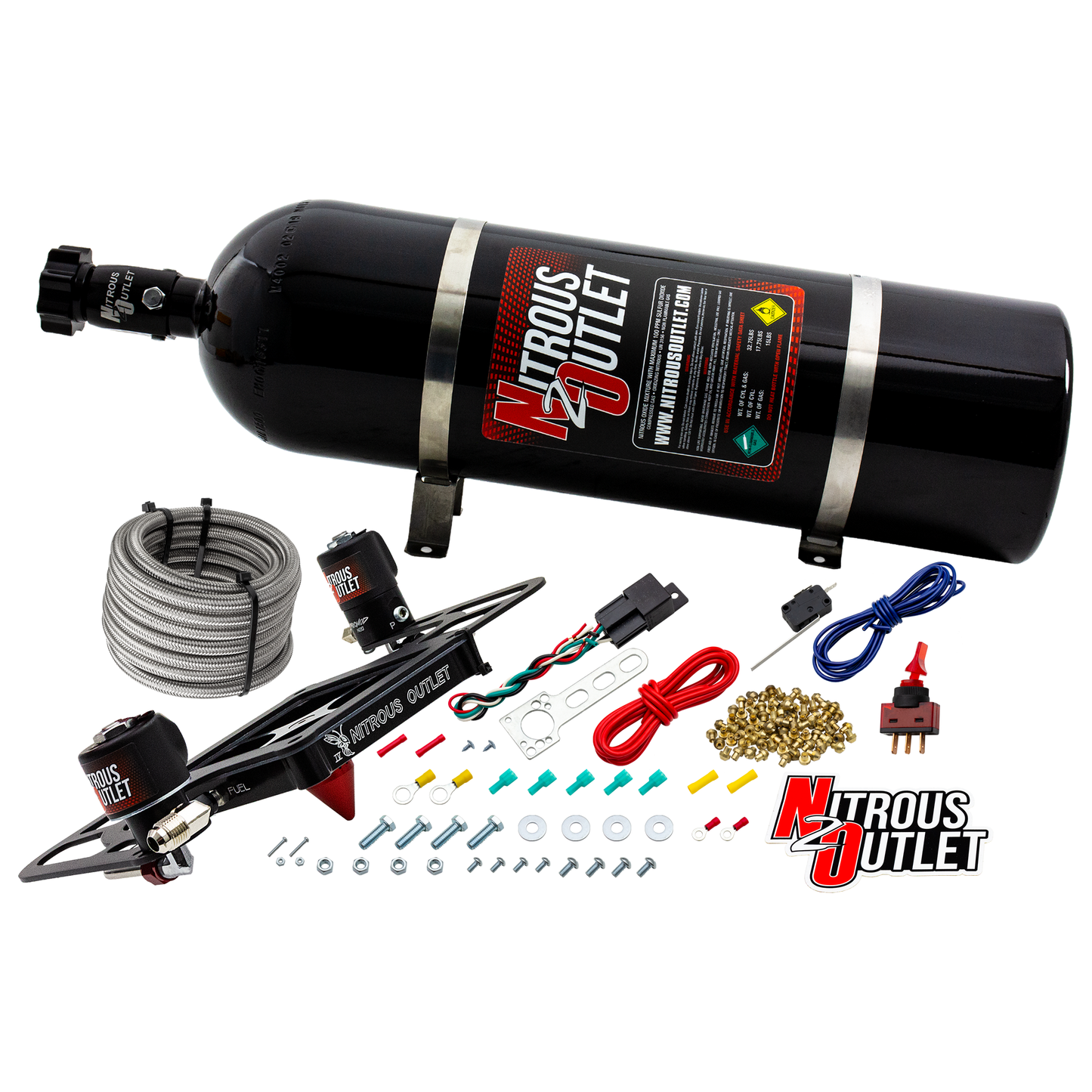 Nitrous Outlet 4500 Stinger 4 System - Hard-line/.122 Nitrous Solenoid/.177 Fuel Solenoid/Boomerang Solenoid Bracket - (Gas/E85)(5-55 psi)(50-500 HP)(15lb Bottle)