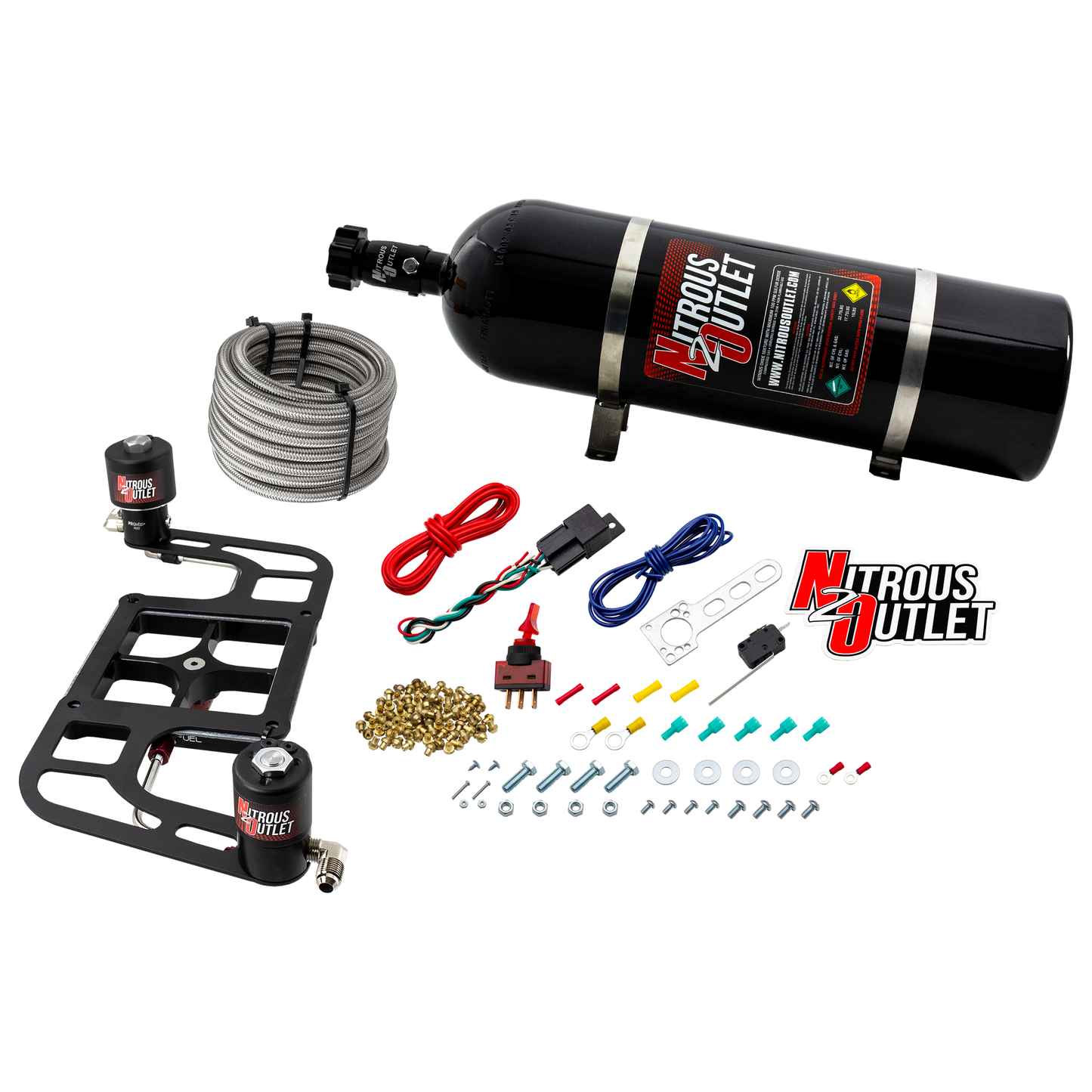 Nitrous Outlet 4500 Stinger 3 Race System - Hard-line/.178 Trashcan Nitrous Solenoid/.310 Fuel Solenoid/Boomerang Solenoid Bracket - (Gas/E85)(5-55 psi)(50-600 HP)(15lb Bottle)