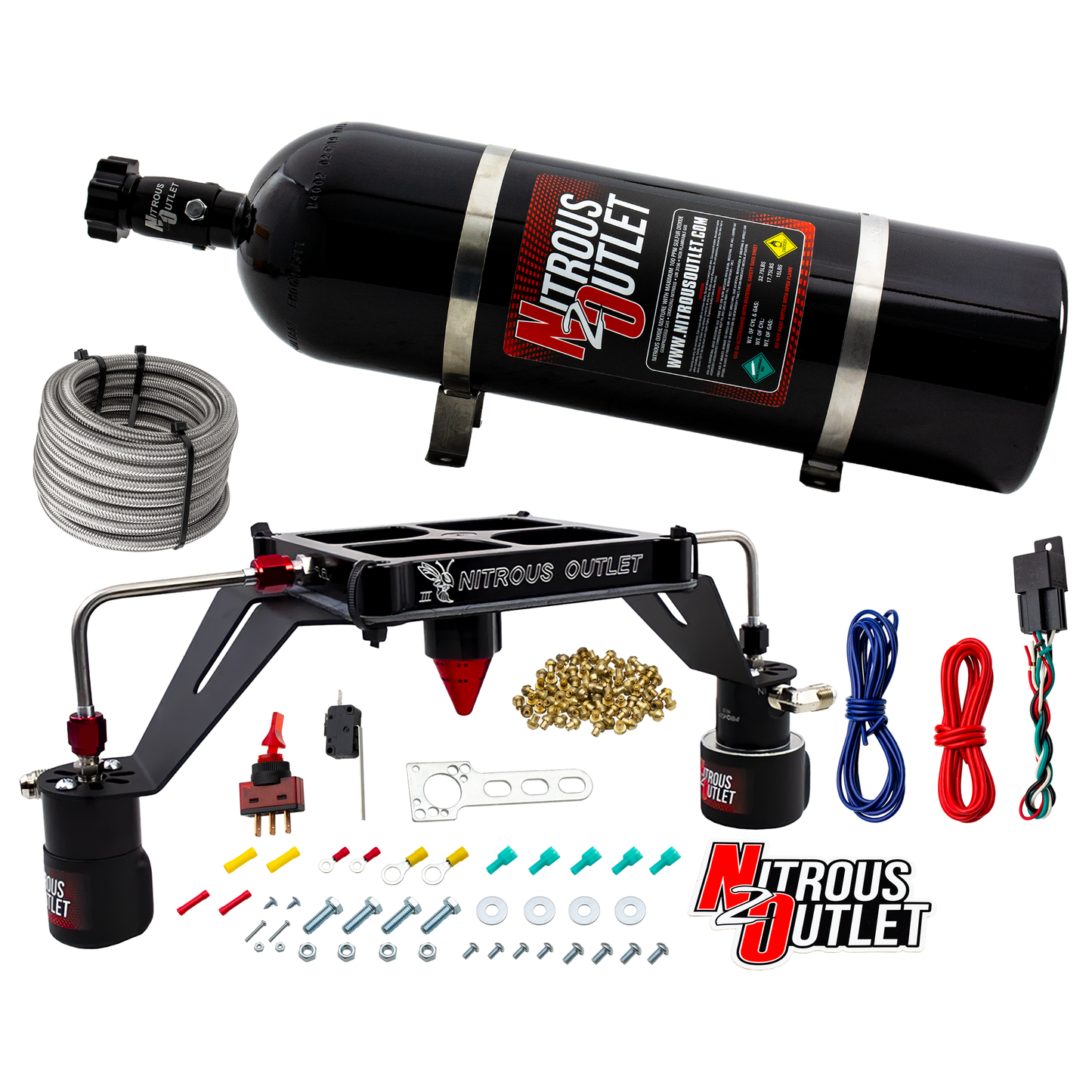 Nitrous Outlet 4500 Stinger 3 Race System - Hard-line/.178 Trashcan Nitrous Solenoid/.310 Fuel Solenoid/Deep Break Solenoid Bracket/Solenoids Mount Upside Down - (Gas/E85)(5-55 psi)(50-600 HP)(15lb Bottle)