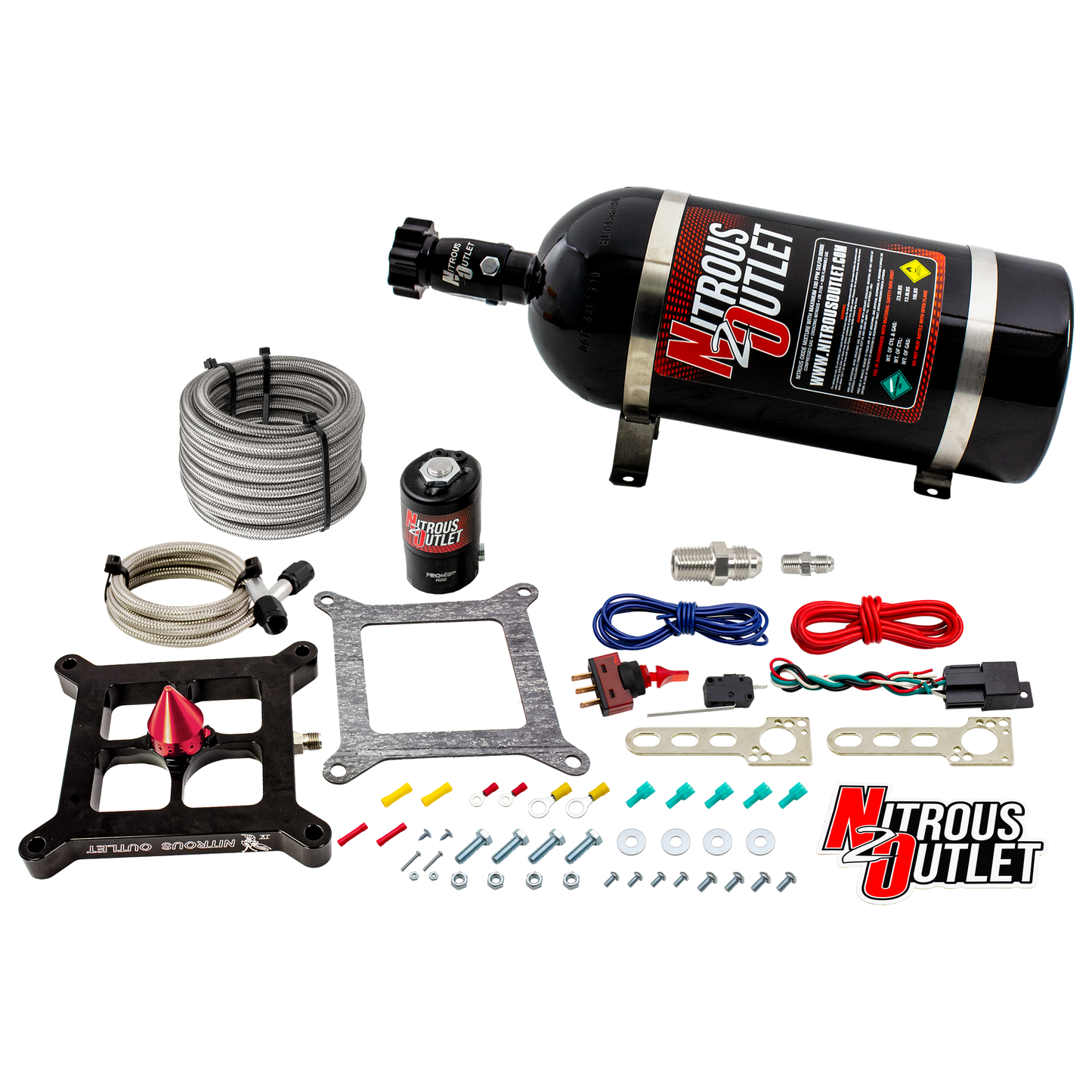 Nitrous Outlet 4150 Stinger 4 Dry System - Braided Hoses/.122 Nitrous Solenoid/Universal Solenoid Bracket - (50-500 HP)(10lb Bottle)