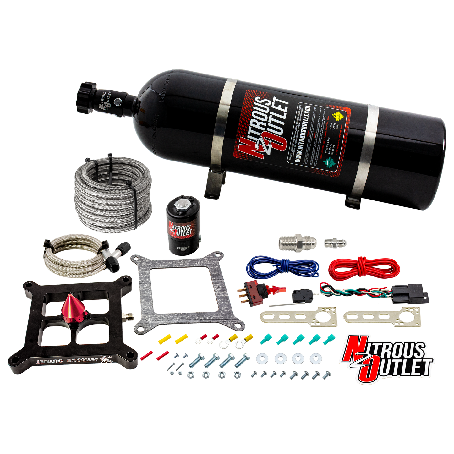 Nitrous Outlet 4150 Stinger 4 Dry System - Braided Hoses/.122 Nitrous Solenoid/Universal Solenoid Bracket - (50-500 HP)(15lb Bottle)
