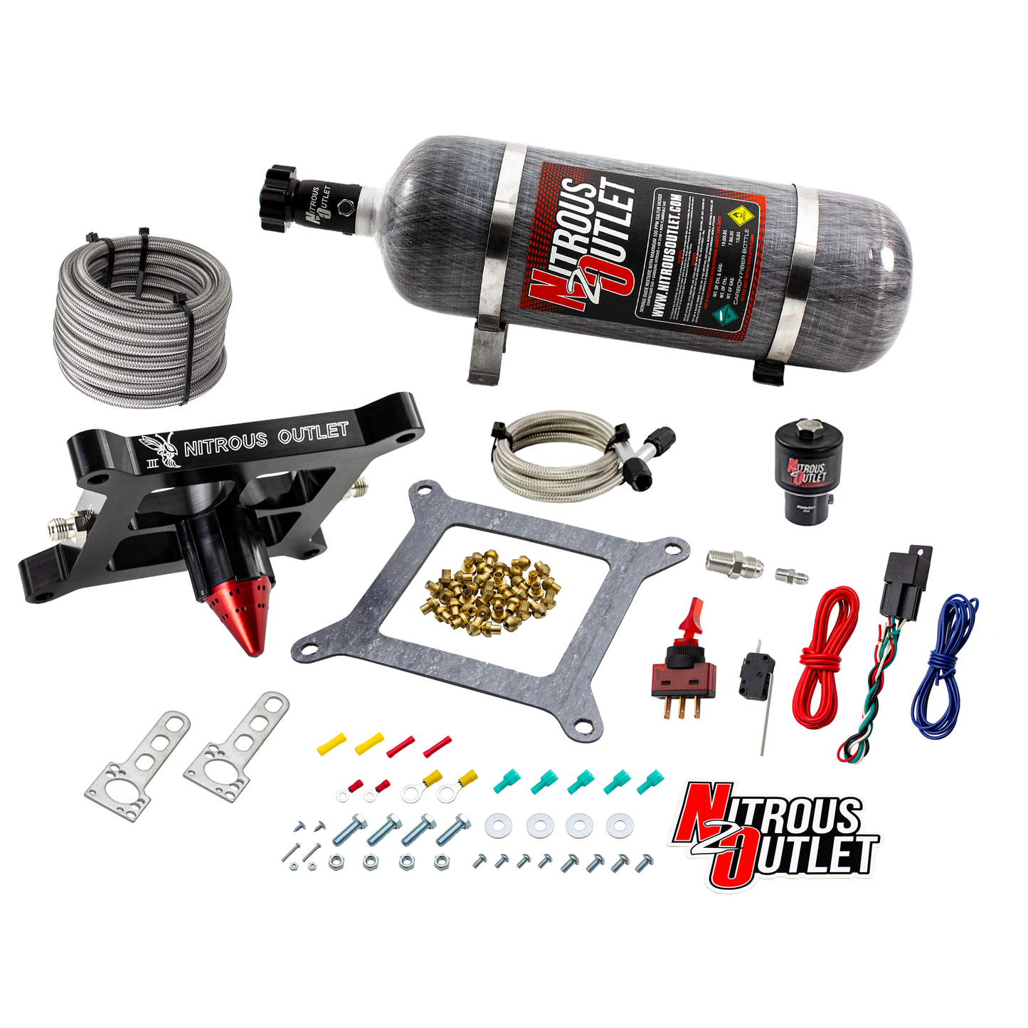 Nitrous Outlet 4150 Stinger 3 Dry Race System - Braided Hoses/.178 Trashcan Nitrous Solenoid/Universal Solenoid Bracket - (50-600 HP)(12lb Bottle)