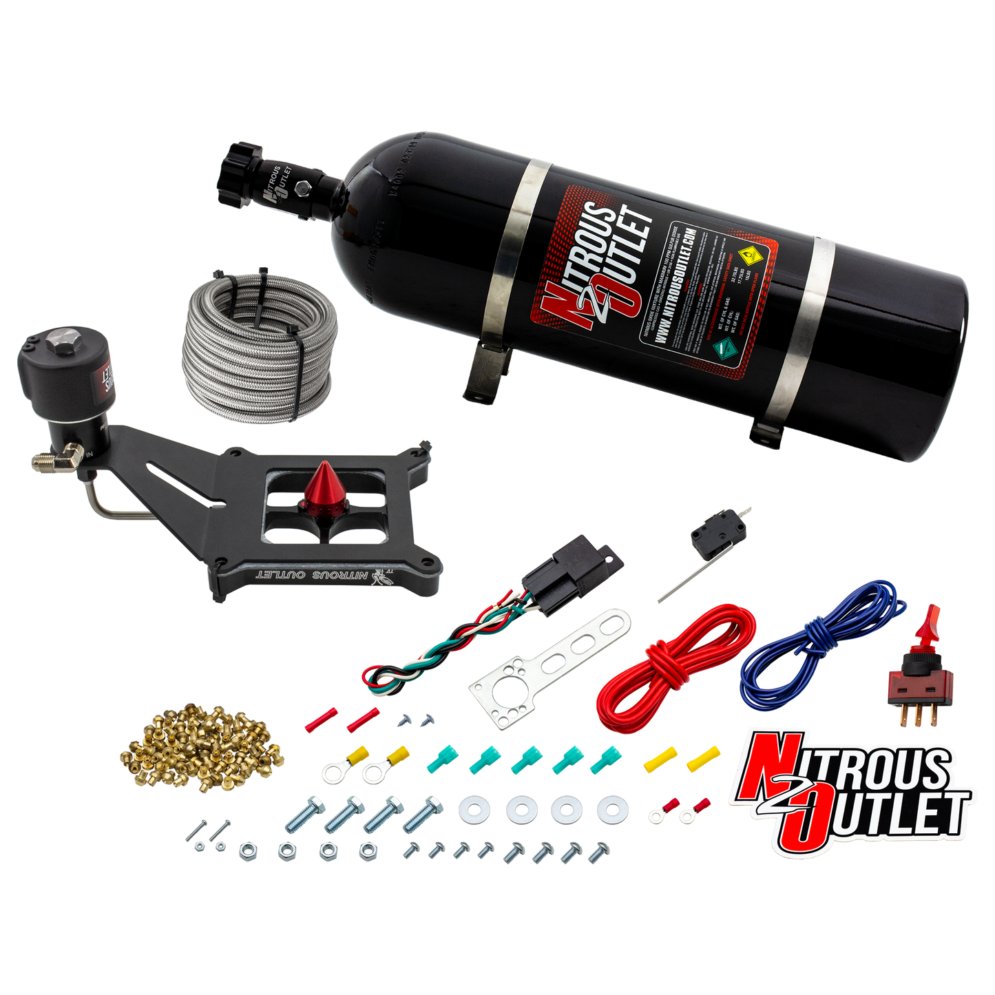Nitrous Outlet 4150 Stinger 4 Dry Race System - Hard-line/.178 Trashcan Solenoid Nitrous Solenoid/Deep Break Solenoid Bracket/Solenoids Mount Upside Down - (50-600 HP)(15lb Bottle)