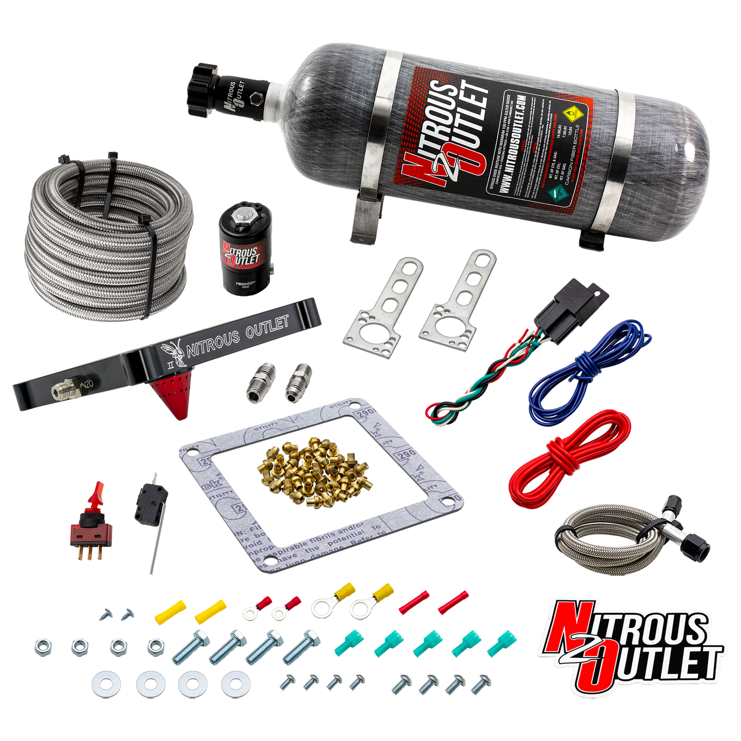 Nitrous Outlet 4500 Stinger 2 Dry System - Braided Hoses/.122 Nitrous Solenoid/Universal Solenoid Bracket - (50-500 HP)(12lb Bottle)