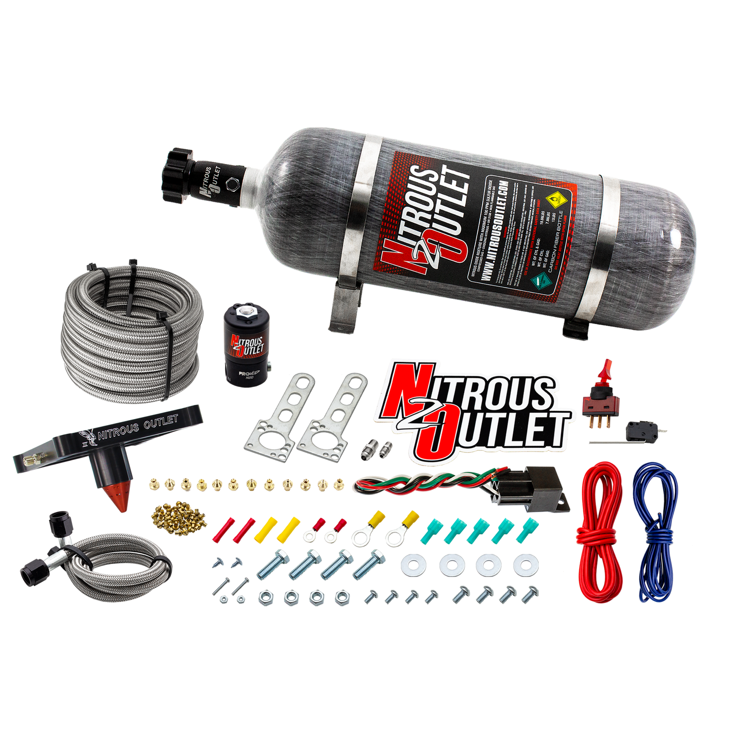 Nitrous Outlet 4500 Stinger 3 Dry System - Braided Hoses/.122 Nitrous Solenoid/Universal Solenoid Bracket - (50-500 HP)(12lb Bottle)