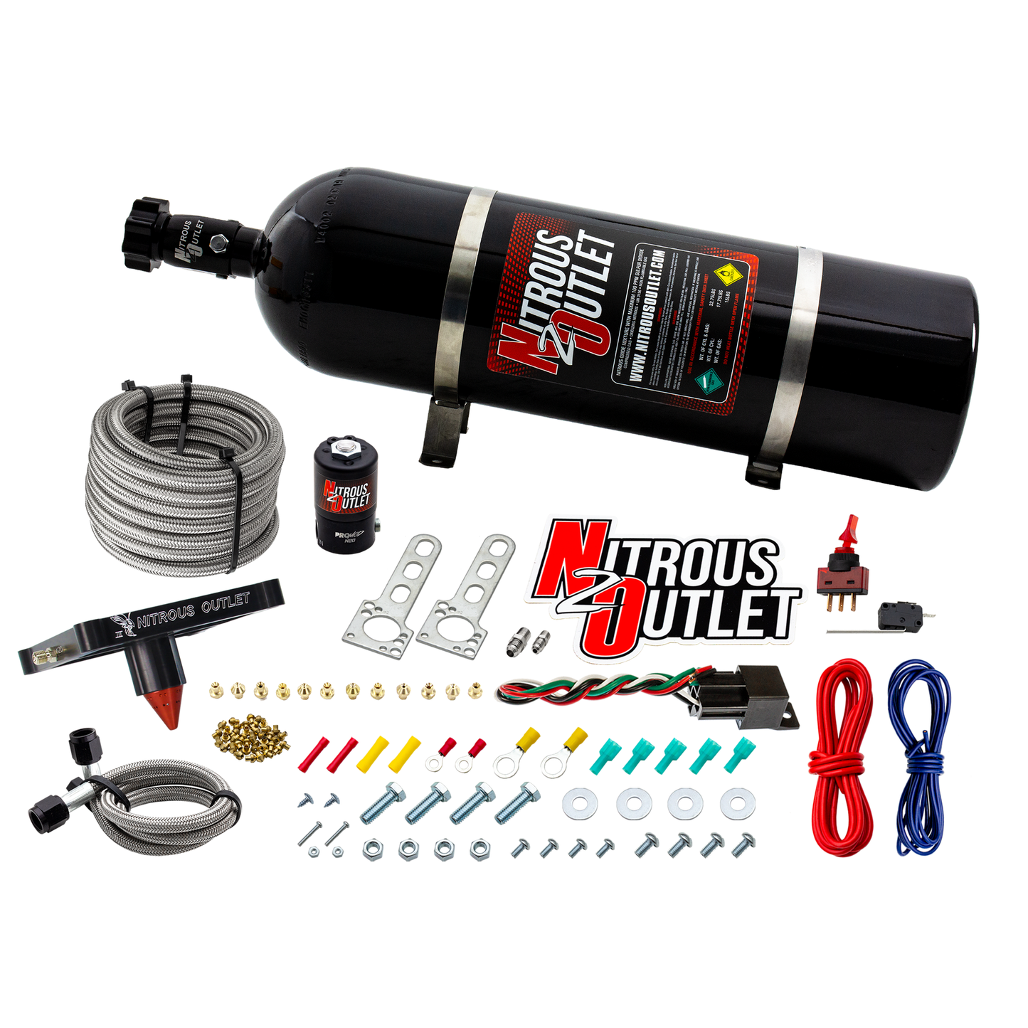 Nitrous Outlet 4500 Stinger 3 Dry System - Braided Hoses/.122 Nitrous Solenoid/Universal Solenoid Bracket - (50-500 HP)(15lb Bottle)