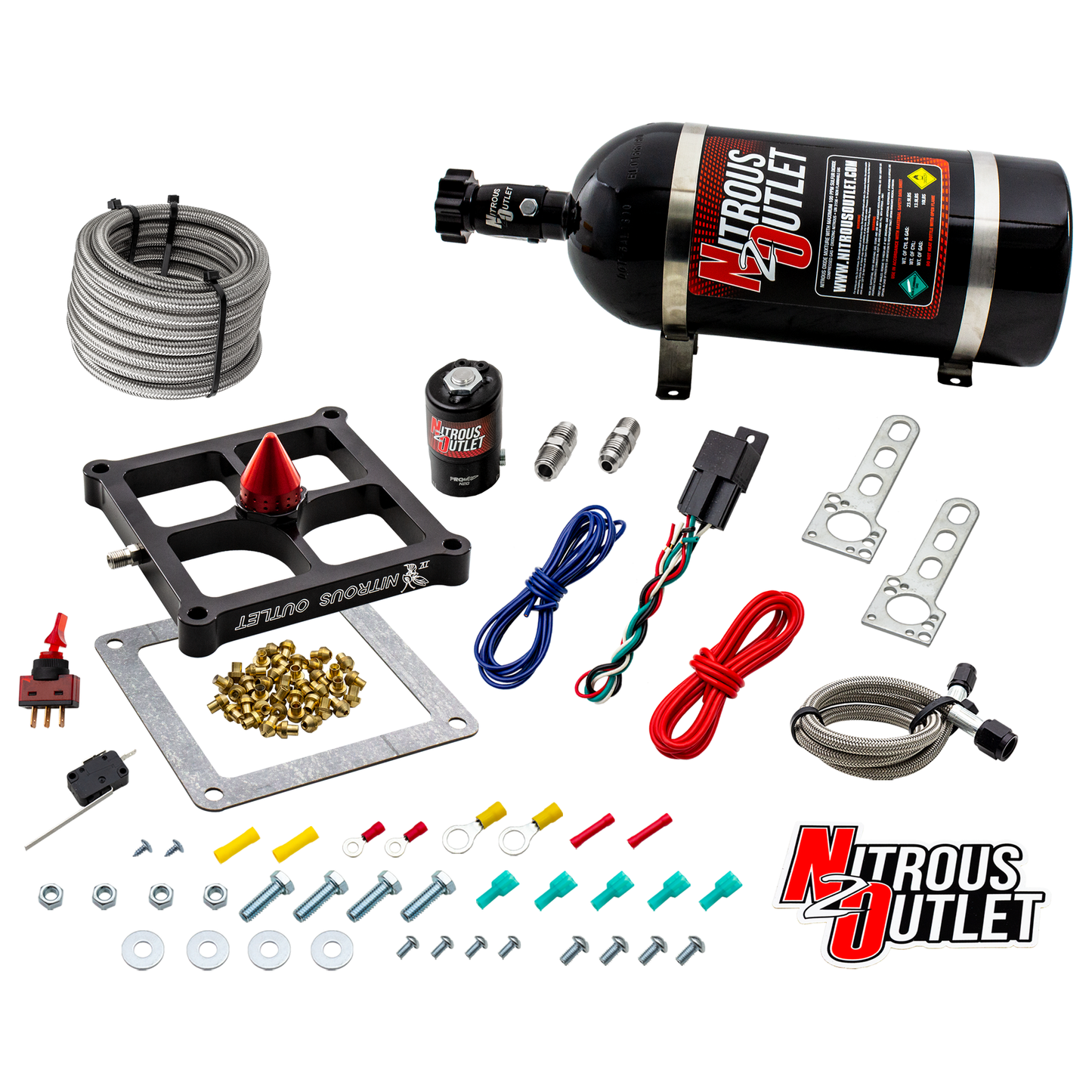 Nitrous Outlet 4500 Stinger 4 Dry System - Braided Hoses/.122 Nitrous Solenoid/Universal Solenoid Bracket - (50-500 HP)(10lb Bottle)