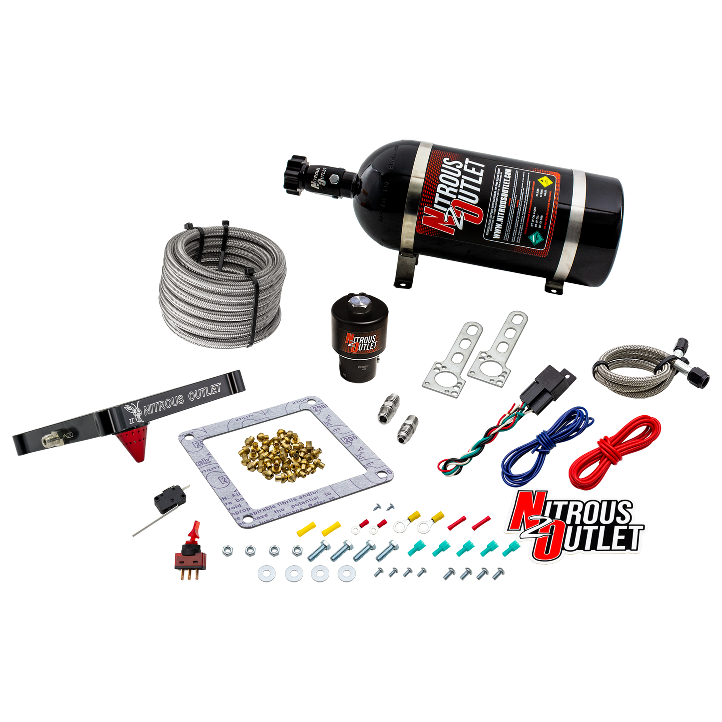 Nitrous Outlet 4500 Stinger 2 Dry Race System - Braided Hoses/.178 Trashcan Nitrous Solenoid/Universal Solenoid Bracket - (50-600 HP)(10lb Bottle)
