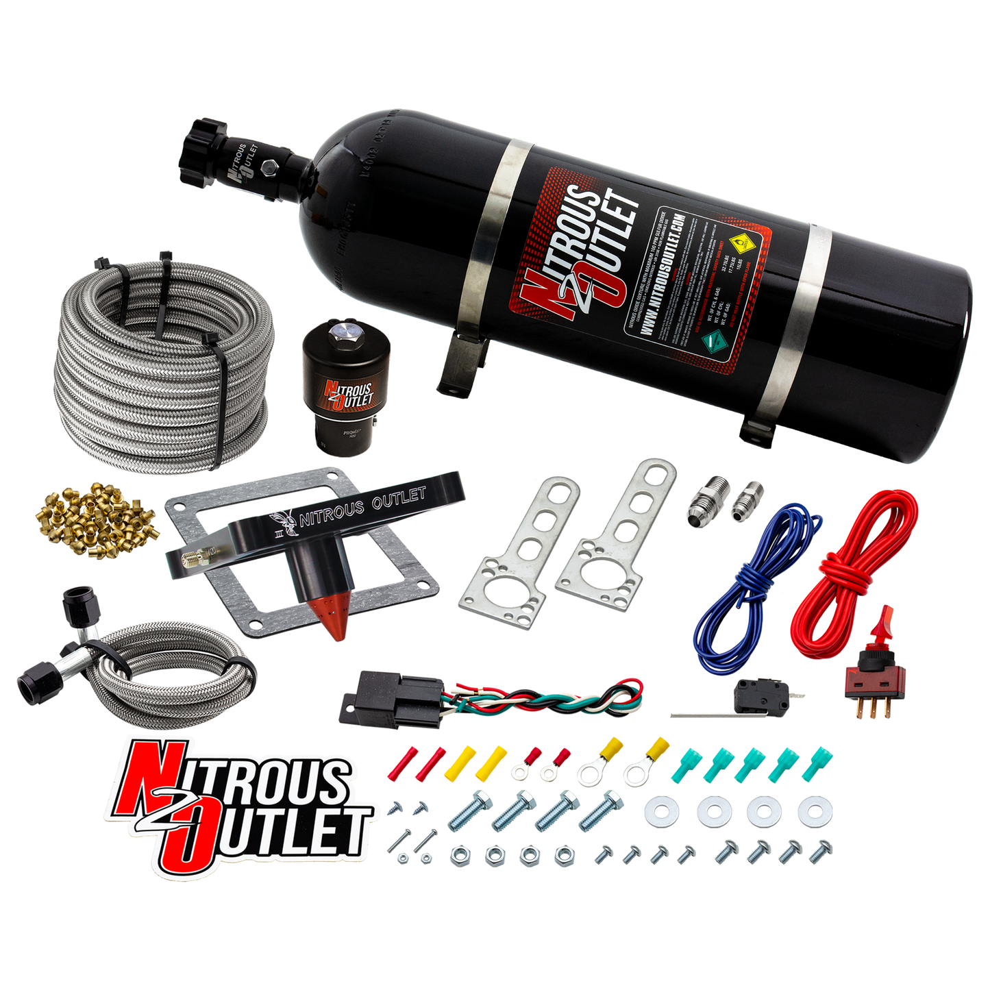 Nitrous Outlet 4500 Stinger 3 Dry Race System - Braided Hoses/.178 Trashcan Nitrous Solenoid/Universal Solenoid Bracket - (50-600 HP)(15lb Bottle)