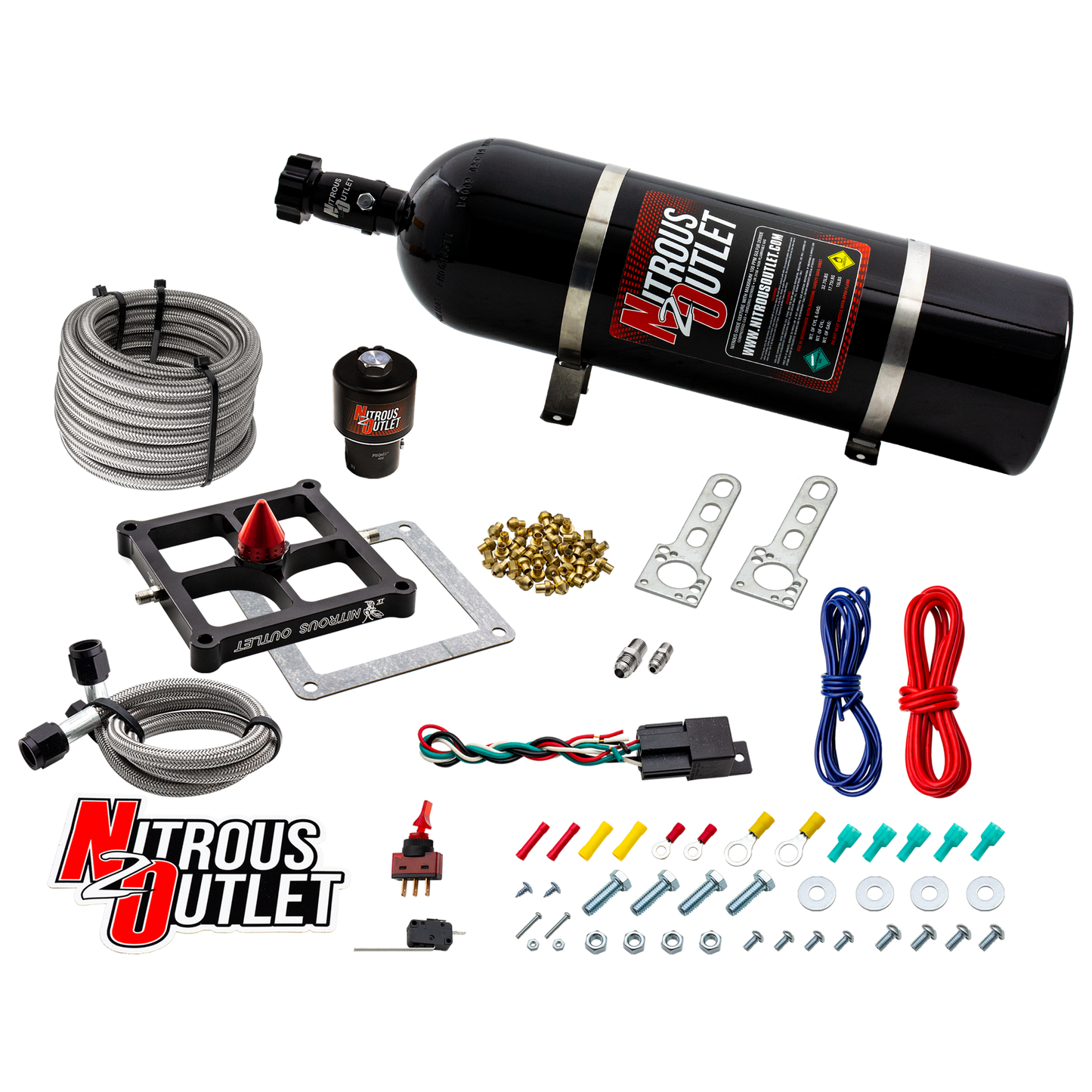Nitrous Outlet 4500 Stinger 4 Dry Race System - Braided Hoses/.178 Trashcan Nitrous Solenoid/Universal Solenoid Bracket - (50-600 HP)(15lb Bottle)