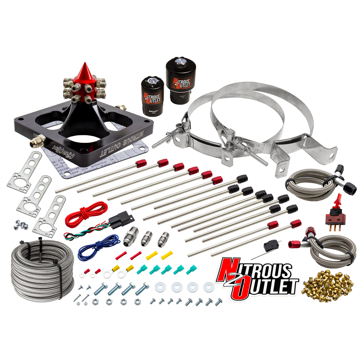 Nitrous Outlet 4500 Kraken Plate System - Braided Hose/.178 MOD Trashcan Nitrous Solenoid/.310 Fuel Solenoid/Universal Solenoid Brackets (Alcohol)(5-7-10 psi)(100-800 HP)(No Bottle)