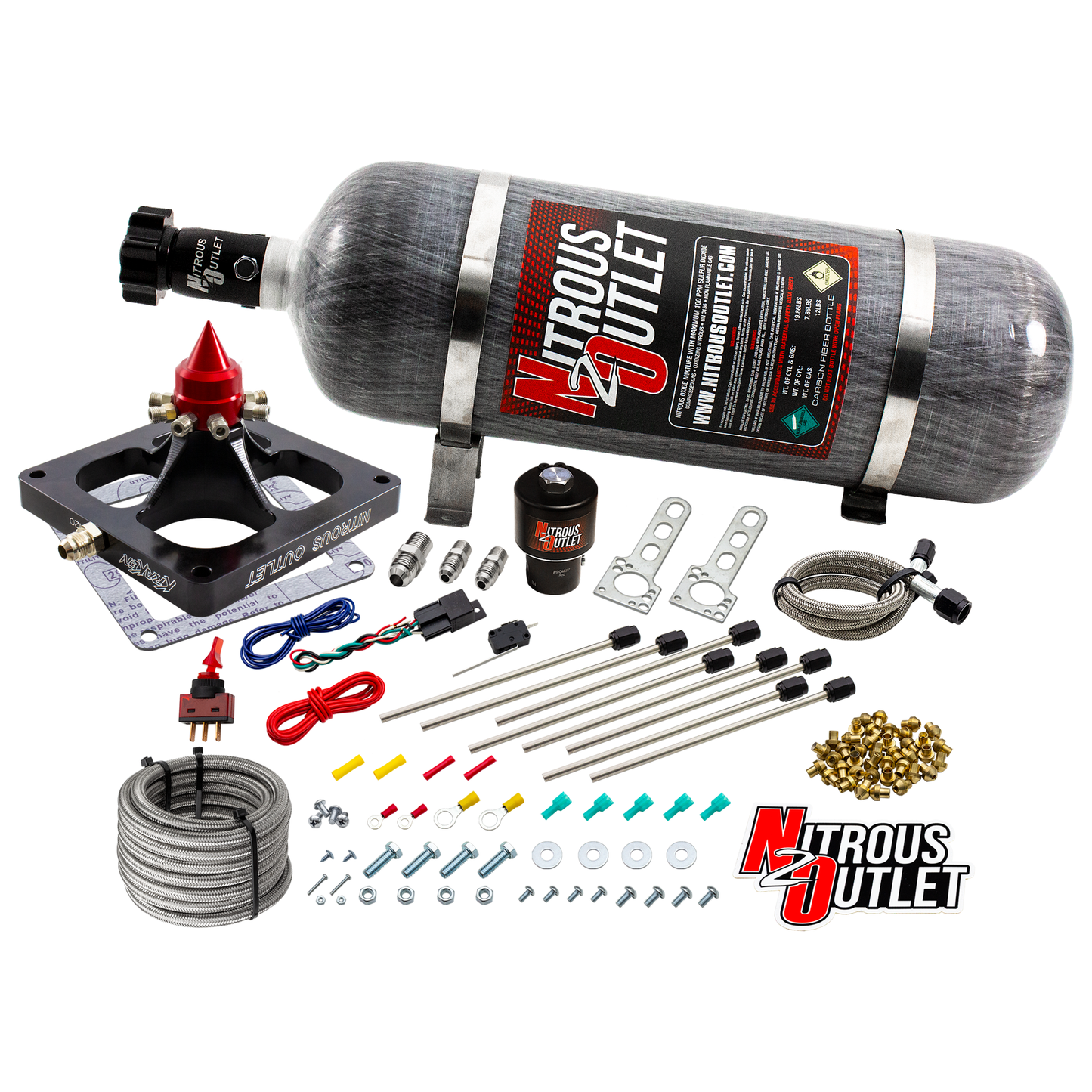 Nitrous Outlet 4500 Dry Kraken Competition Plate System - Braided Hose/.189 Competition Trashcan Nitrous Solenoid/Universal Solenoid Bracket (200-950 HP)(12lb Bottle)