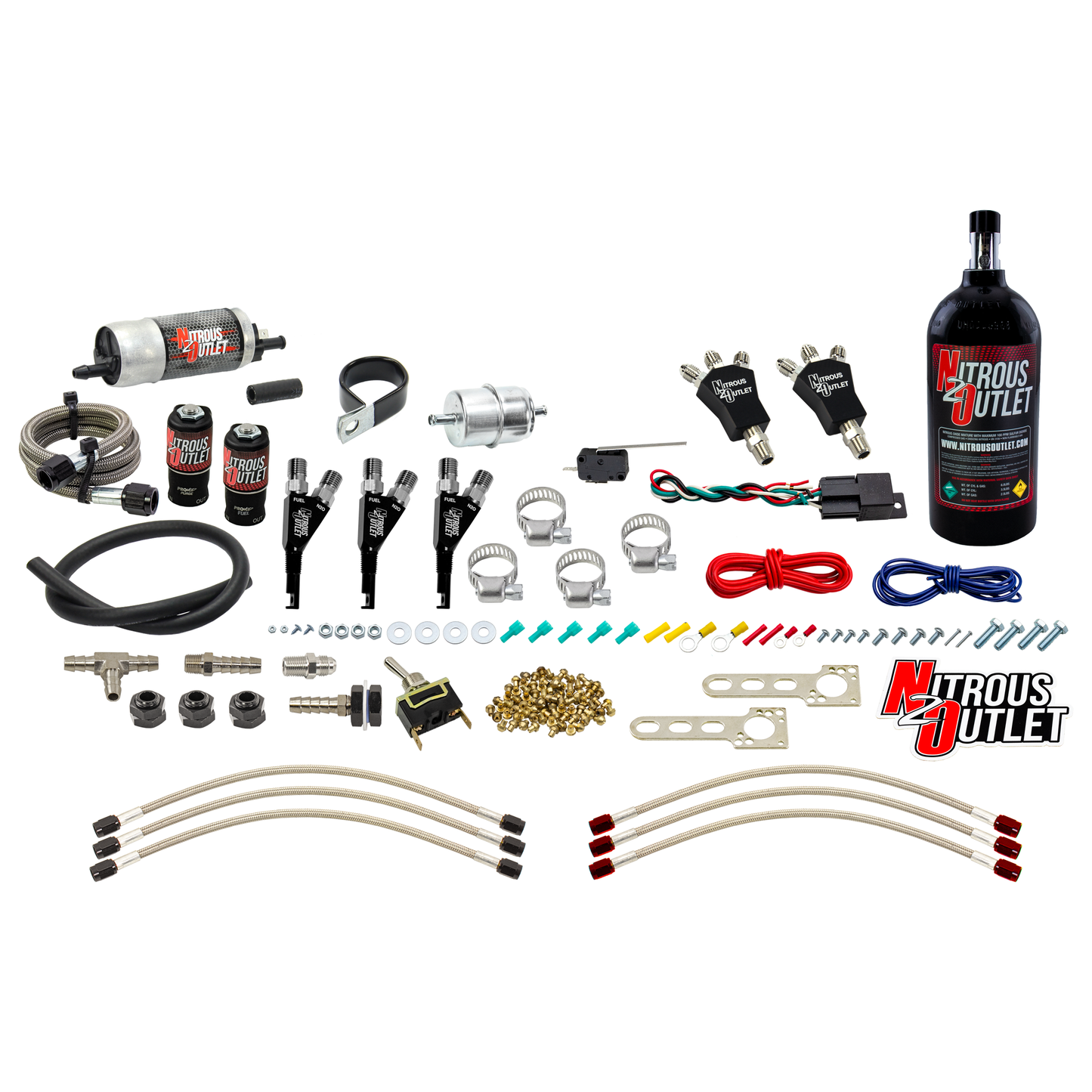 Nitrous Outlet Powersports Three Cylinder Wet Nozzle System (Aluminum 90 Degree Nozzles)(Gas)(6 psi)(30,45,60,75,90 HP)(2.5LB Bottle)
