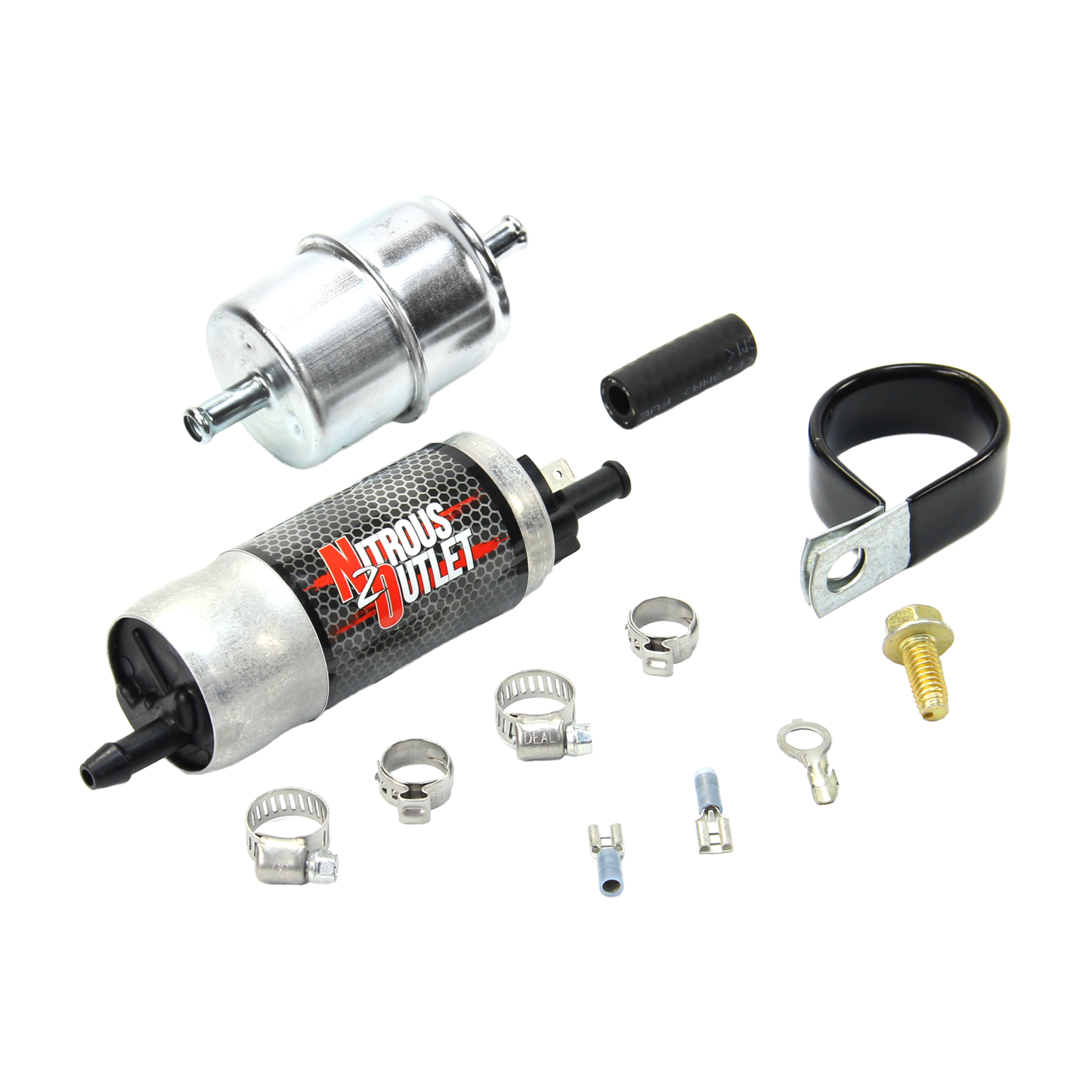 Nitrous Outlet Powersports Electric Fuel Pump- 30 gph @ 6psi/5/16 Barb Inlet And Exit/Filter/ Clamp