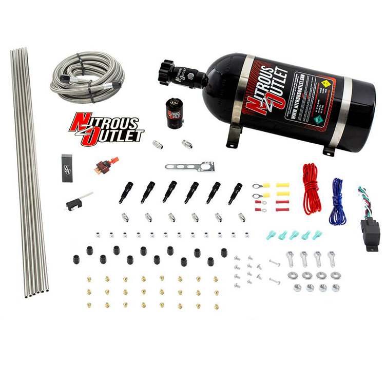 Nitrous Outlet Dry 6 Cylinder Direct Port System - .122 Nitrous Solenoid/Distribution Block/SBT Nozzles (75-375HP)(12lb Bottle)