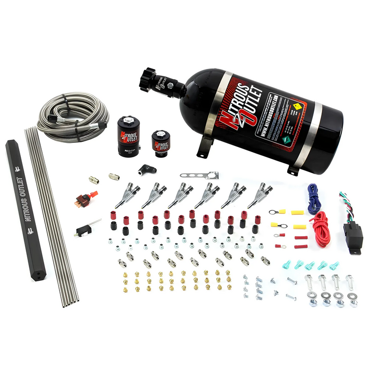 Nitrous Outlet 6 Cylinder Direct Port System - .122 Nitrous Solenoids/.177 Fuel Solenoids/Dual Passage Injection Rail/90 Degree Discharge Nozzles (Gas)(45-55 psi)(75-375HP)(15lb Bottle)