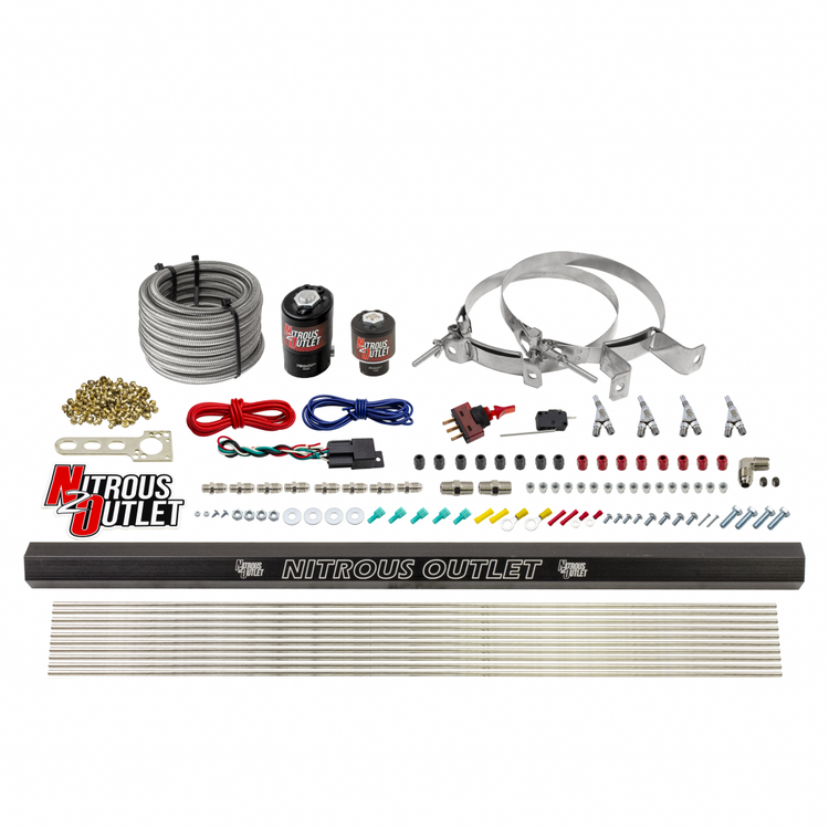 Nitrous Outlet 4 Cylinder Direct Port System - .122 Nitrous Solenoids/.177 Fuel Solenoids/Dual Passage Injection Rail/Annular Discharge Nozzles (E85)(5-7-10 psi)(50-250HP)(No Bottle)