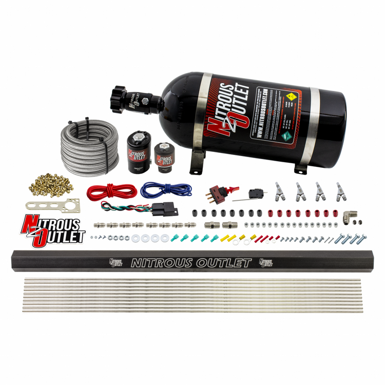 Nitrous Outlet 4 Cylinder Direct Port System - .122 Nitrous Solenoids/.177 Fuel Solenoids/Dual Passage Injection Rail/Annular Discharge Nozzles (E85)(5-7-10 psi)(50-250HP)(15lb Bottle)