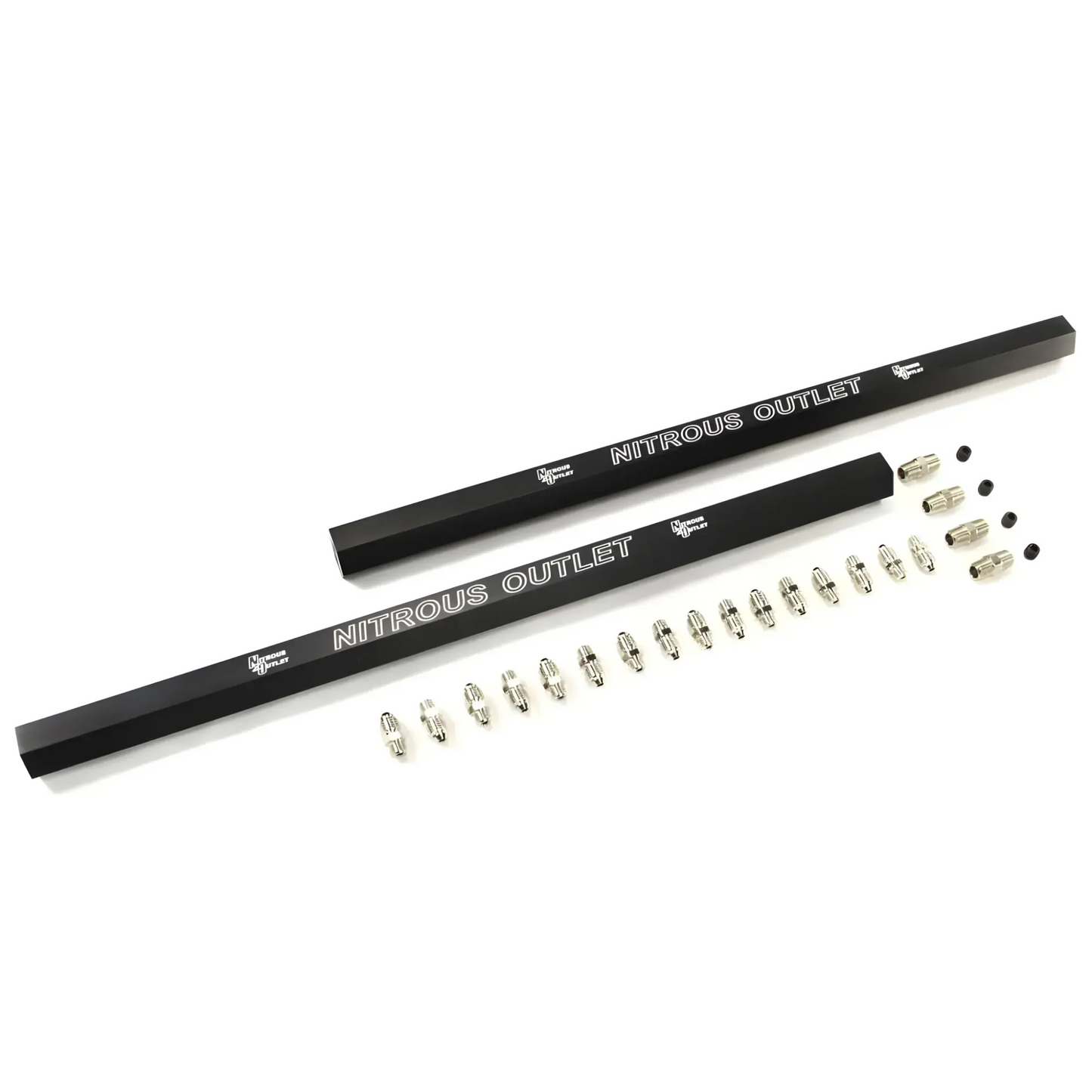 Nitrous Outlet Dual Passage Dual Injection Rails With Fittings - DYI, Anodized black, Laser Marked, 18" Long