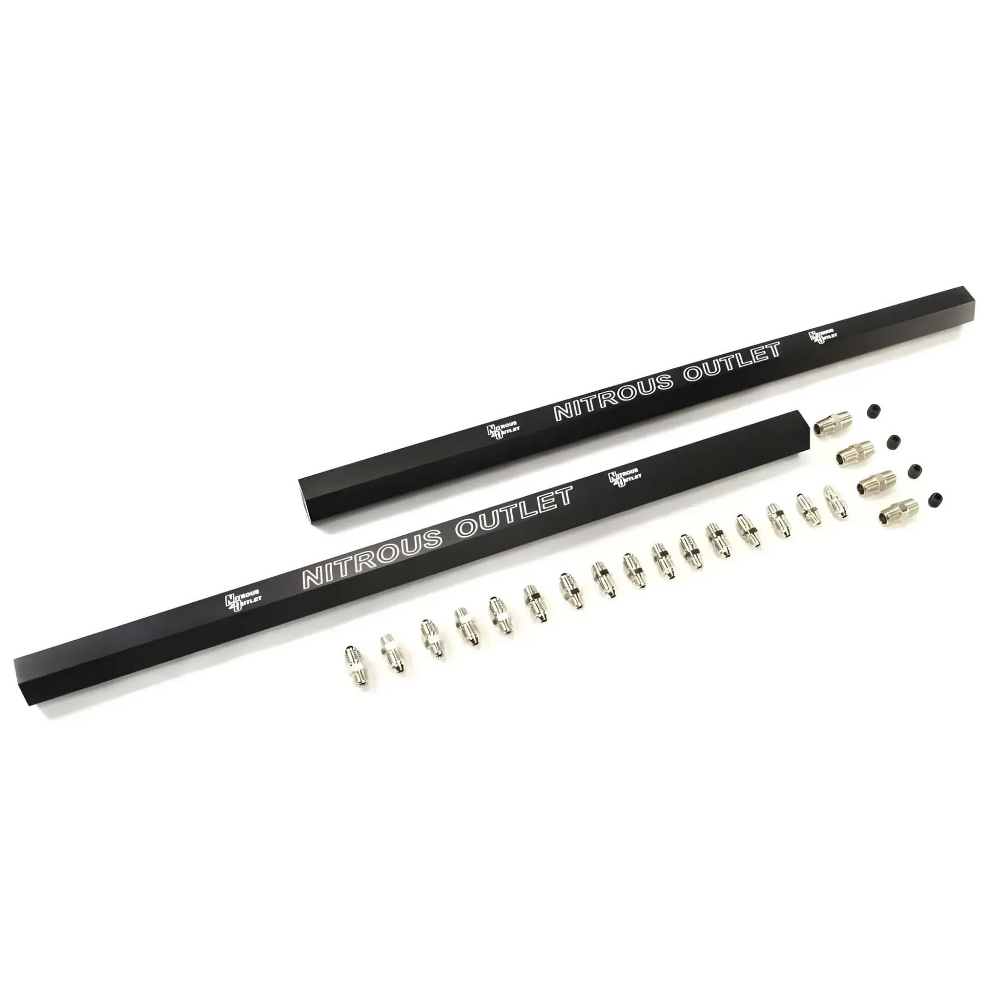Nitrous Outlet Dual Passage Dual Injection Rails With Fittings - DYI, Anodized black, Laser Marked, 18" Long