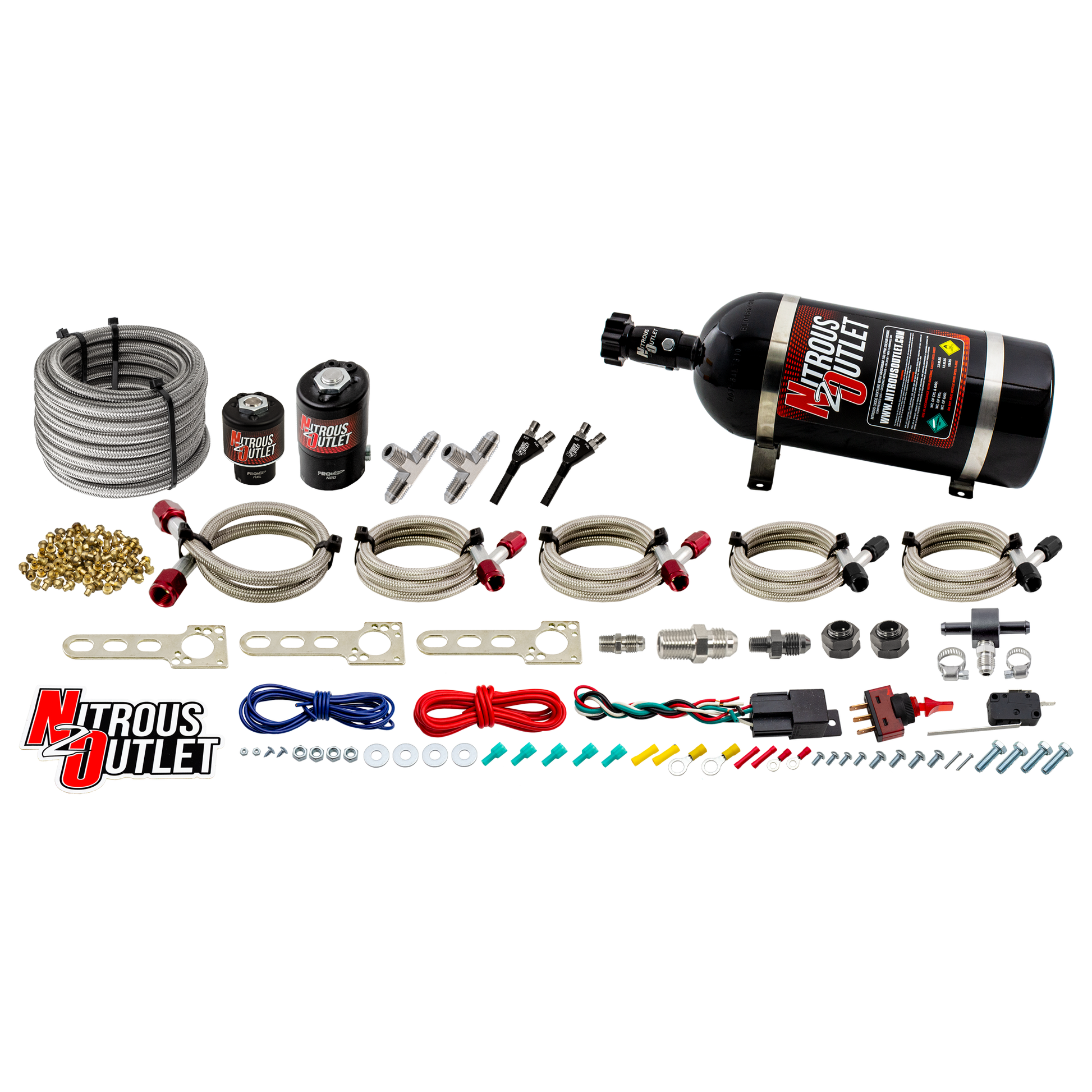 Nitrous Outlet Universal EFI Dual Hydra Nozzle System - Gas/E85 (5-55psi)(100-250HP)(10lb Bottle)