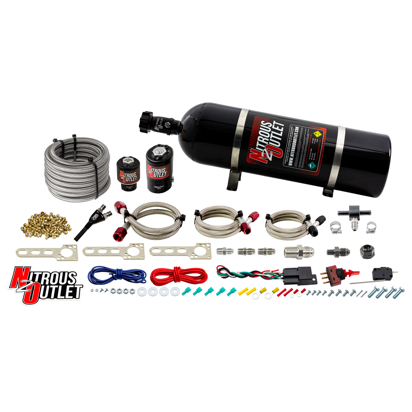 Nitrous Outlet Universal EFI Single Hydra Nozzle System - Gas/E85 (5-55psi)(50-250HP)(15LB Bottle)