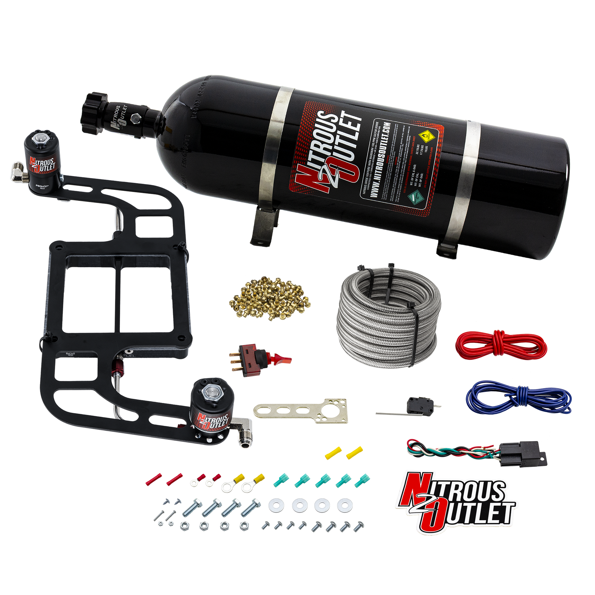 Nitrous Outlet 4500 Weekend Warrior System - Hard-line/.122 Nitrous Solenoid/.177 Fuel Solenoid/Boomerang Solenoid Bracket - (Gas/E85)(5-55 psi)(50-350 HP)(15LB Bottle)