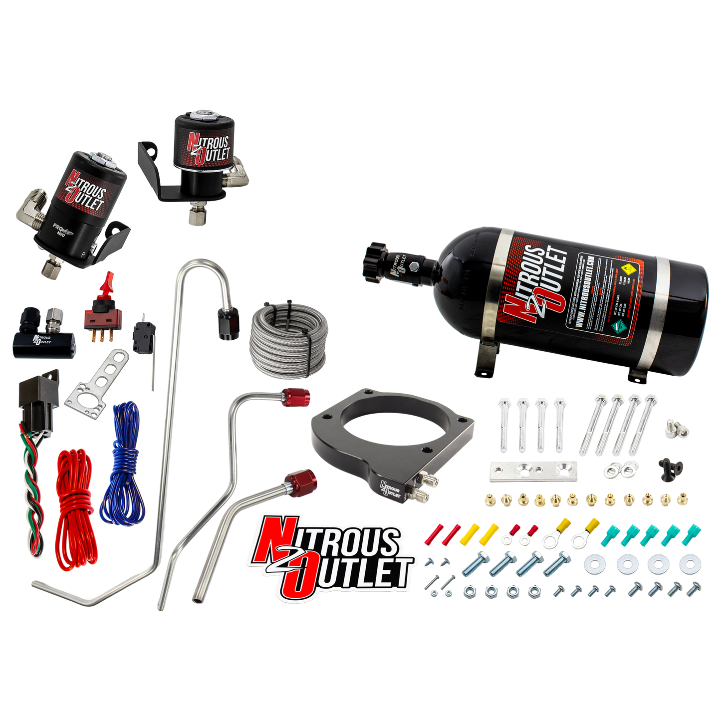 Nitrous Outlet GM 102mm MSD LS7 Atomic AirForce Intake Hard-line Plate System - Aftermarket Fuel Rails/2006-2019 Corvette Requires K-Tech Idler Pulley Kit - Gas/E85 (5-55psi)(50-200HP)(10lb Bottle)