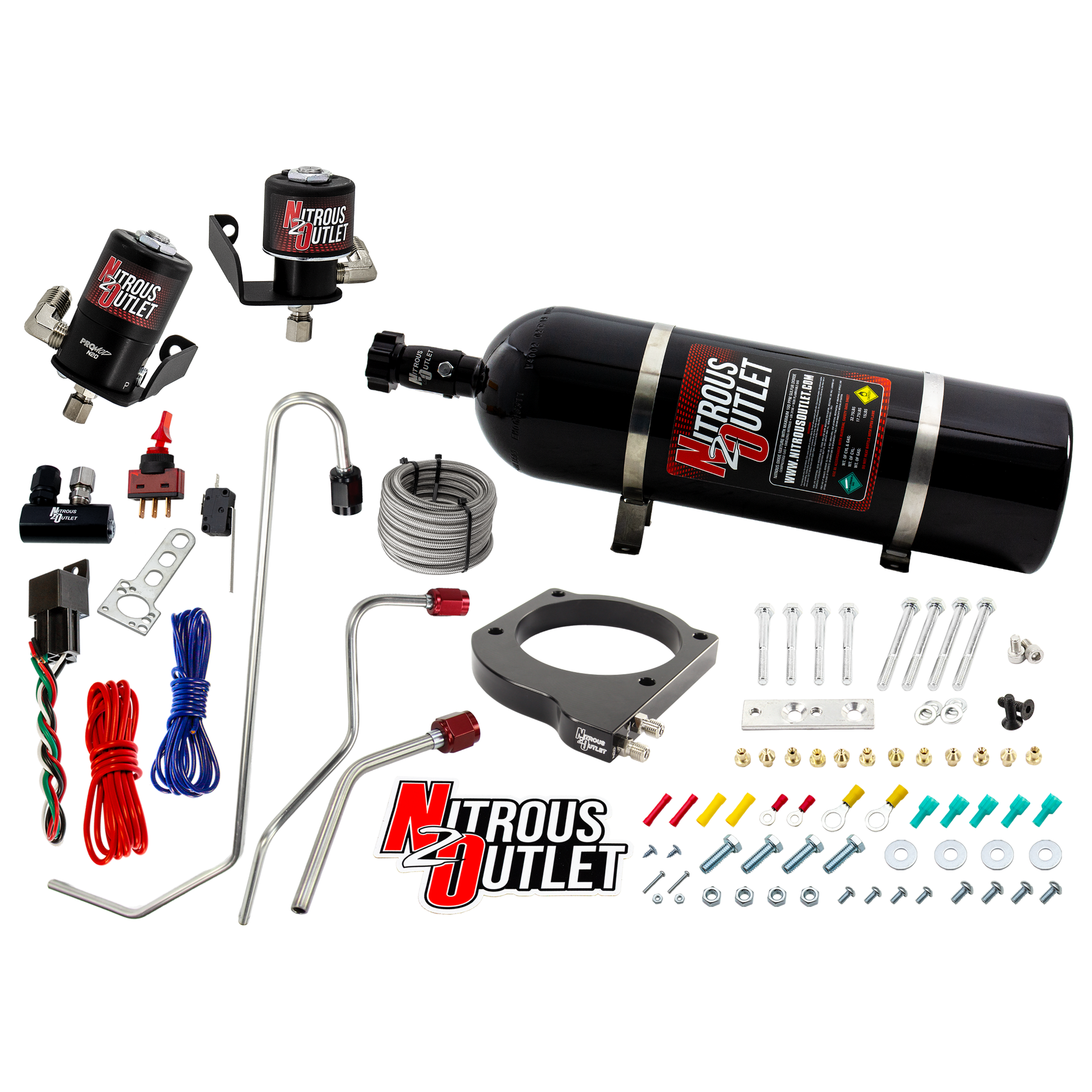 Nitrous Outlet GM 102mm MSD LS7 Atomic AirForce Intake Hard-line Plate System - Aftermarket Fuel Rails/2006-2019 Corvette Requires K-Tech Idler Pulley Kit - Gas/E85 (5-55psi)(50-200HP)(15lb Bottle)