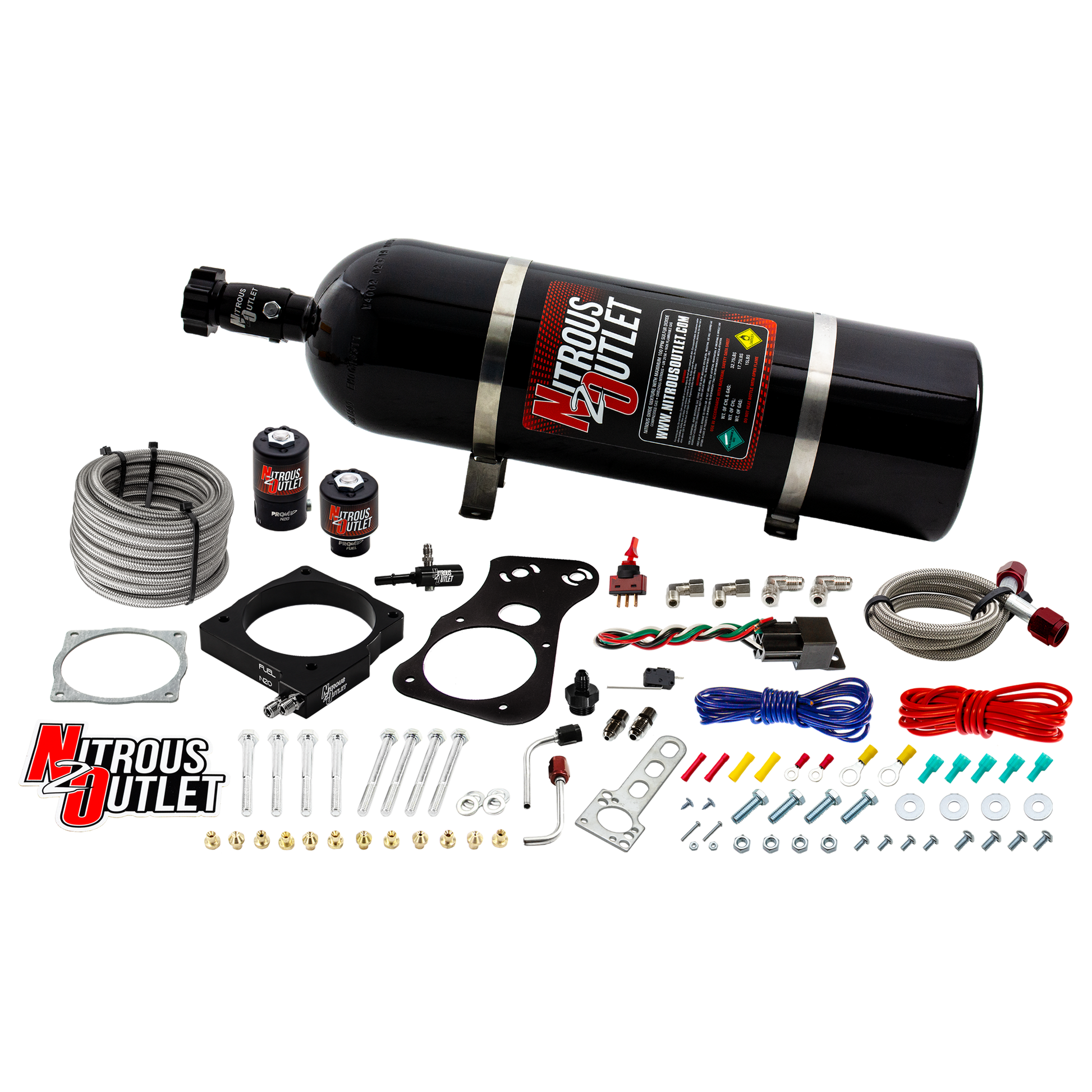Nitrous Outlet Dodge 90mm 2005-2010 Challenger/Charger/300C/Jeep 6.1 Hemi Intake Hard-line Plate System - Gas/E85 (5-55psi)(50-200HP)(15lb Bottle)
