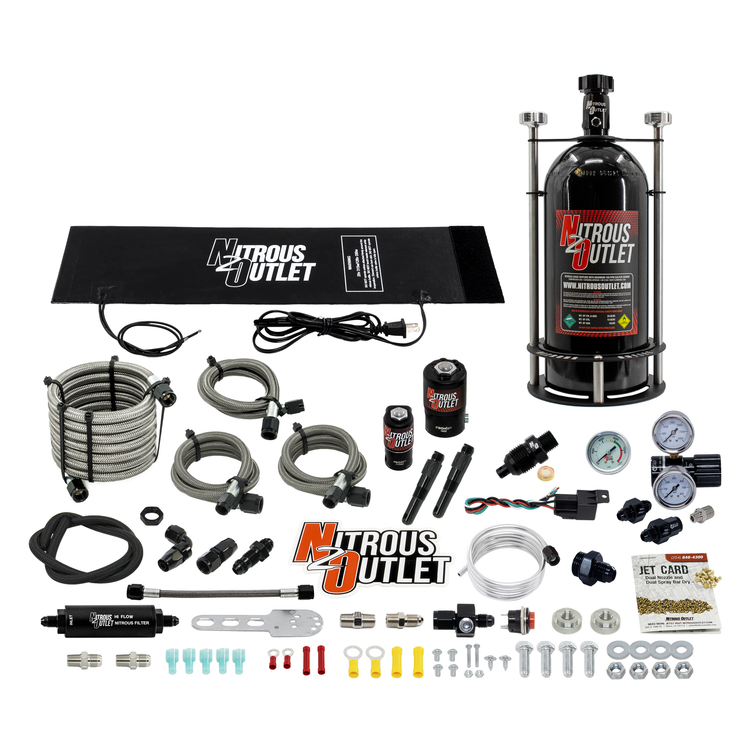Nitrous Outlet Dry Dual Nozzle Boost-N-Juice System Package (50-300 HP)(Vertical Mount)(10lb Bottle)