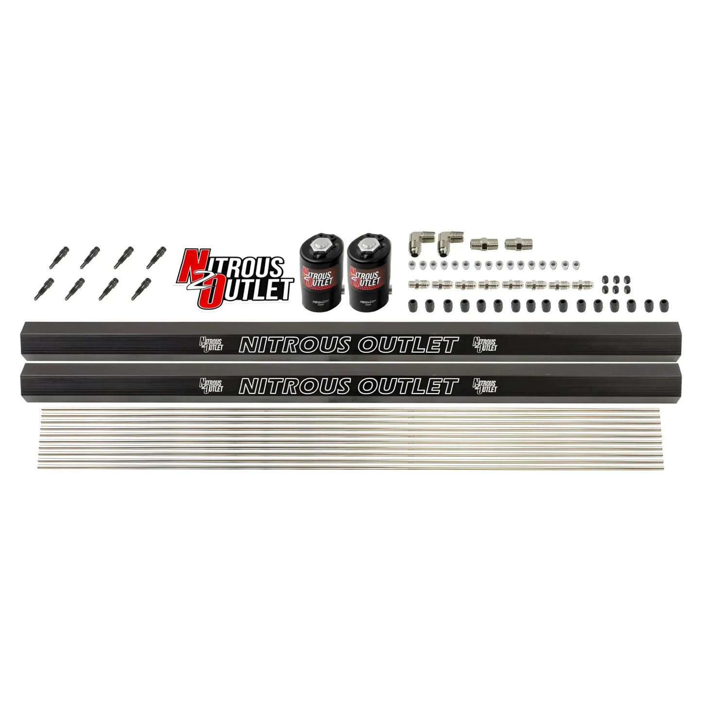 Nitrous Outlet Dry 4 Cylinder Dual Stage Solenoid Forward Direct Port Plumbers Kit- Two .122 Nitrous Solenoids/Dual Passage Injection Rail/SBT Dual Passage Discharge Nozzles