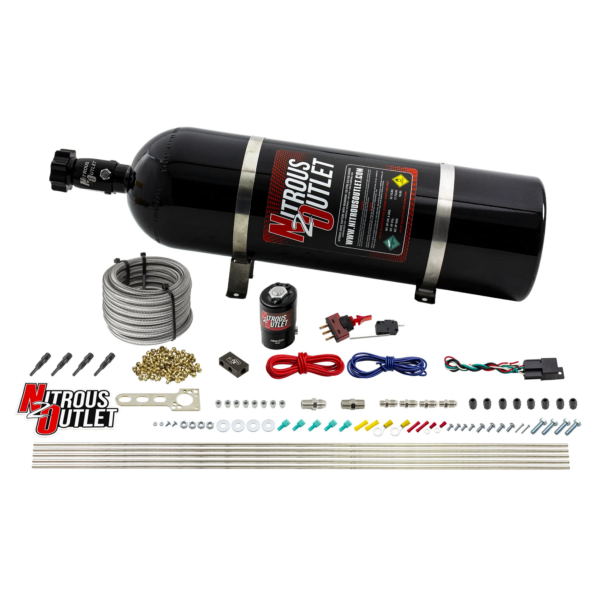 Nitrous Outlet Dry 4 Cylinder Direct Port System - .122 Nitrous Solenoid/Distribution Block/90 Degree Nozzles (50-250HP)(15lb Bottle)