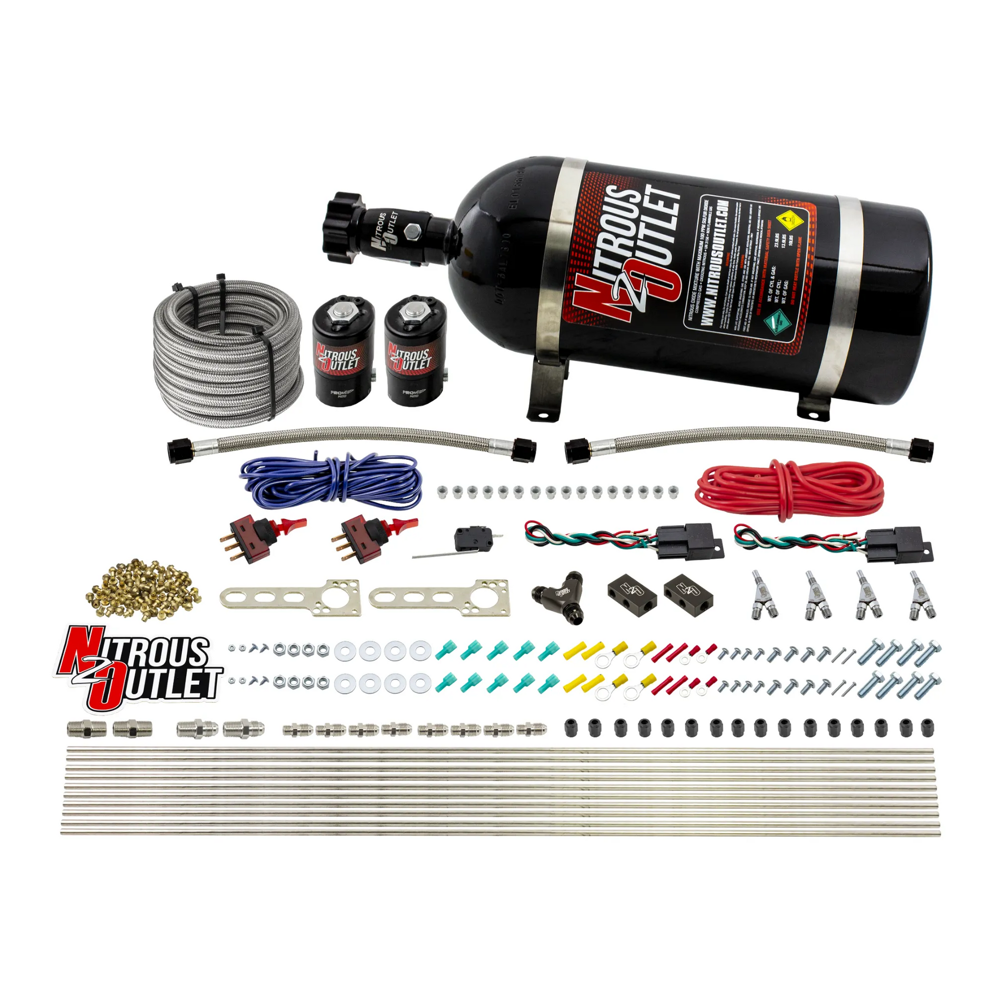 Nitrous Outlet Dry 4 Cylinder Dual Stage Direct Port System - Two .122 Nitrous Solenoids/Distribution Blocks/SBT Dual Passage Discharge Nozzles (50-250HP)(10lb Bottle)