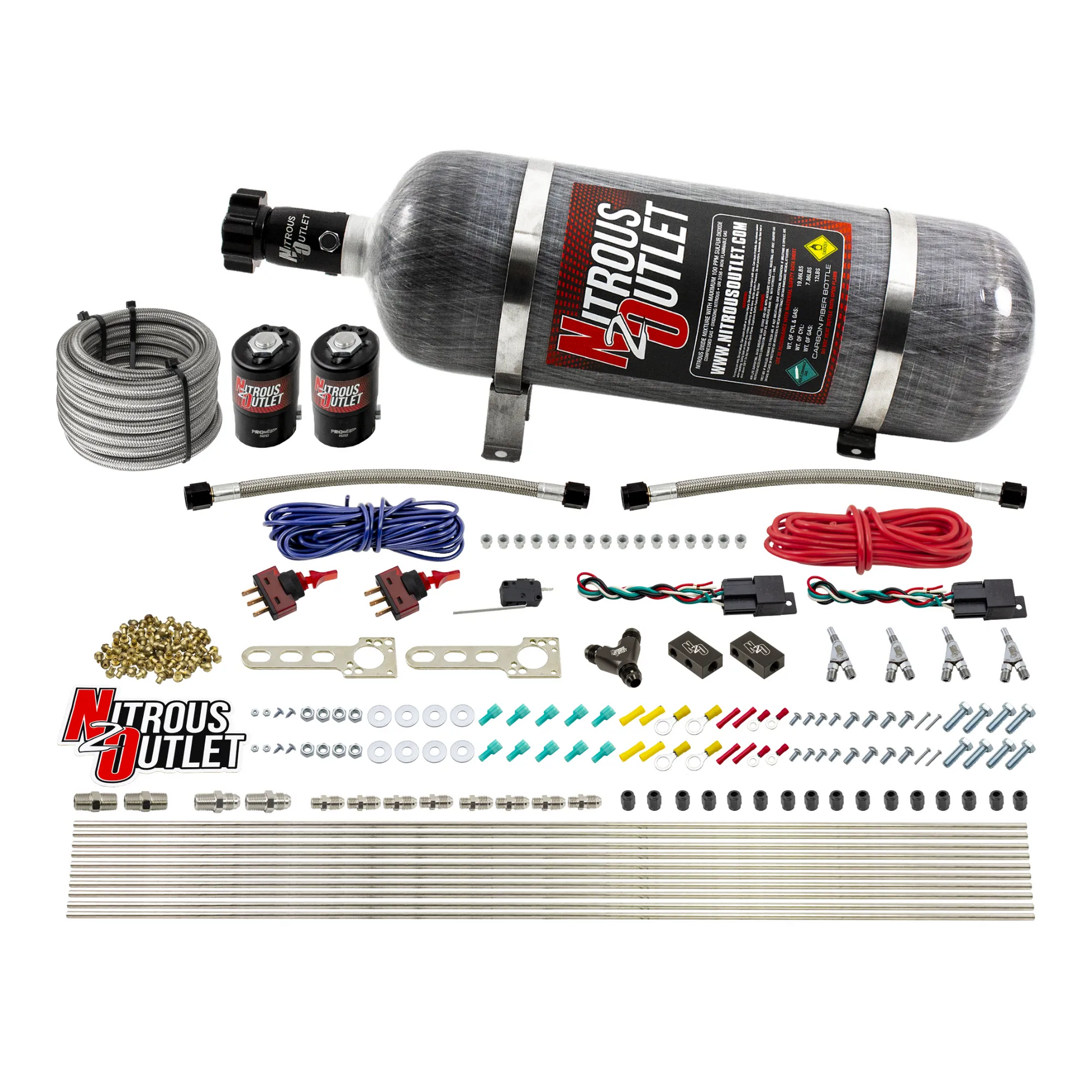 Nitrous Outlet Dry 4 Cylinder Dual Stage Direct Port System - Two .122 Nitrous Solenoids/Distribution Blocks/SBT Dual Passage Discharge Nozzles (50-250HP)(12lb Bottle)
