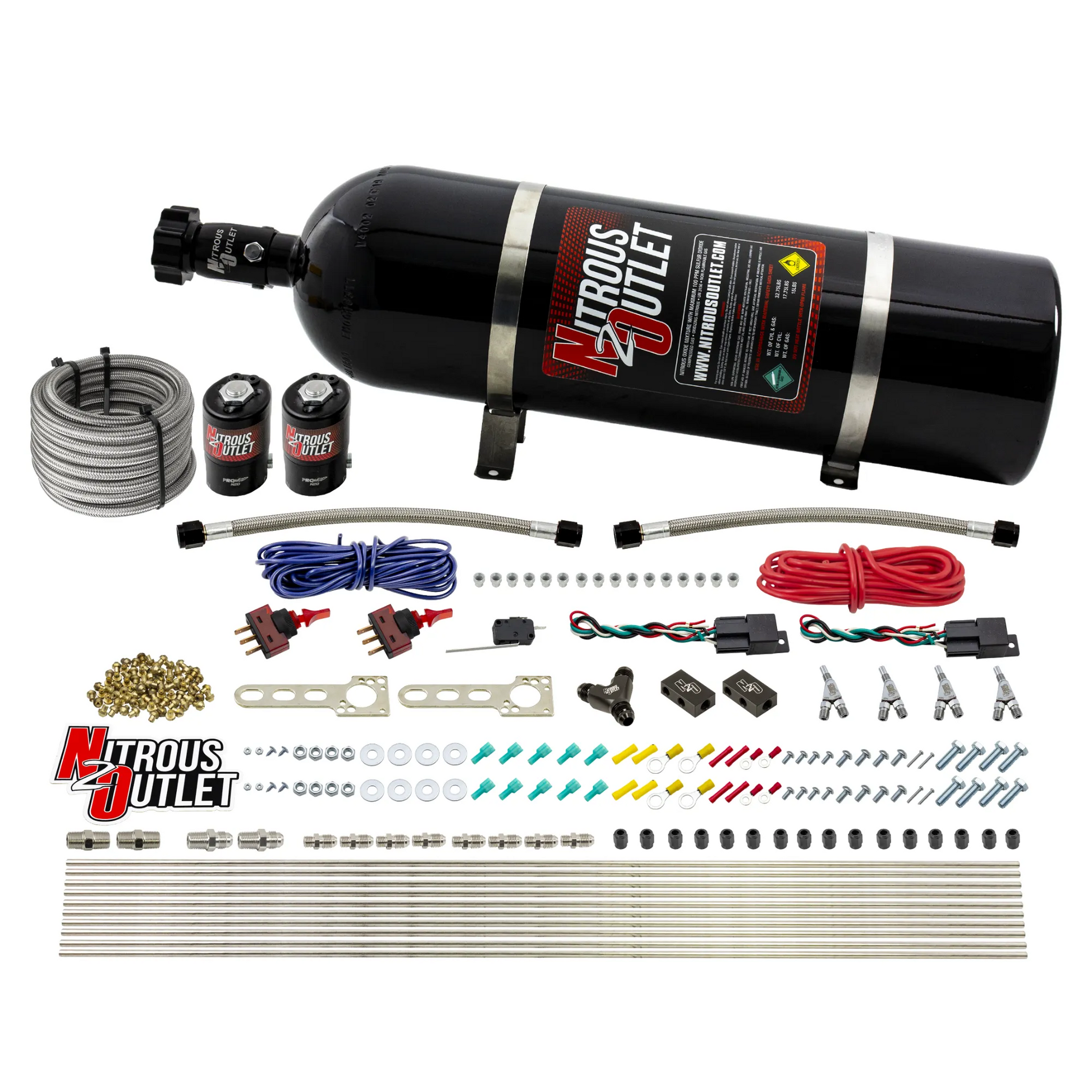 Nitrous Outlet Dry 4 Cylinder Dual Stage Direct Port System - Two .122 Nitrous Solenoids/Distribution Blocks/SBT Dual Passage Discharge Nozzles (50-250HP)(15lb Bottle)