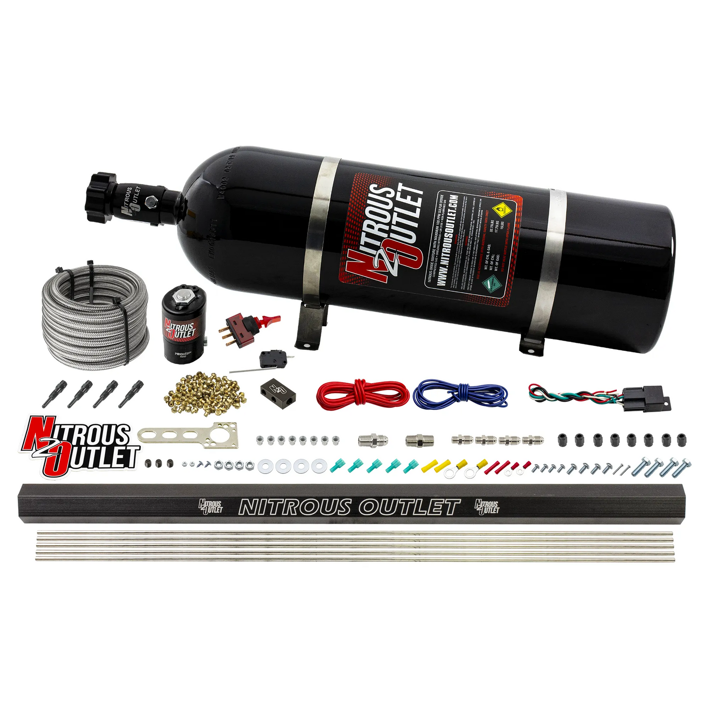 Nitrous Outlet Dry 4 Cylinder Direct Port System - .122 Nitrous Solenoid/Injection Rail/90 Degree Discharge Nozzles (50-250HP)(15lb Bottle)