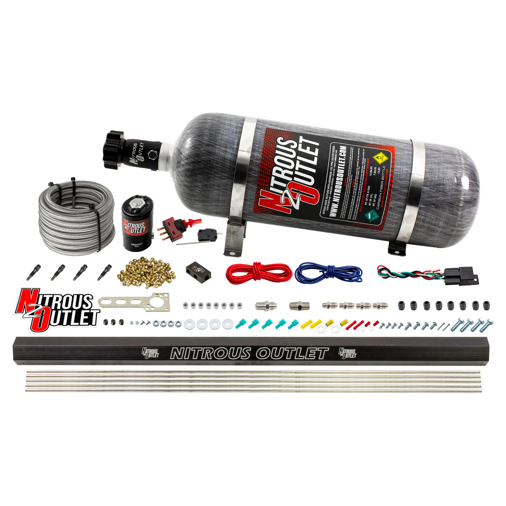 Nitrous Outlet Dry 4 Cylinder Direct Port System -.122 Nitrous Solenoid/Injection Rail/SBT Discharge Nozzles (50-250HP)(12lb Bottle)