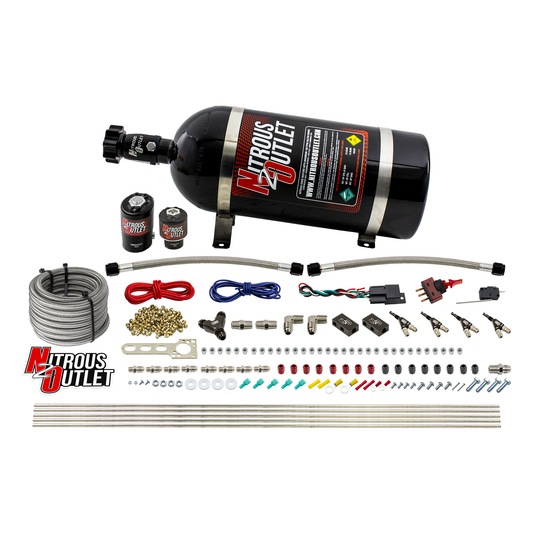 Nitrous Outlet 4 Cylinder Direct Port System - .122 Nitrous Solenoid/.177 Fuel Solenoid/Distribution Blocks/90 Degree Discharge Nozzles (Gas)(5-7-10 psi)(50-250HP)(10lb Bottle)