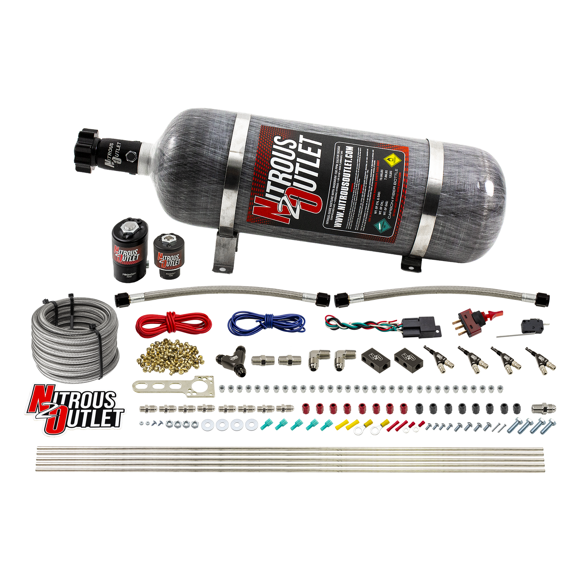 Nitrous Outlet 4 Cylinder Direct Port System - .122 Nitrous Solenoid/.177 Fuel Solenoid/Distribution Blocks/90 Degree Discharge Nozzles (Gas)(5-7-10 psi)(50-250HP) (12lb Bottle)