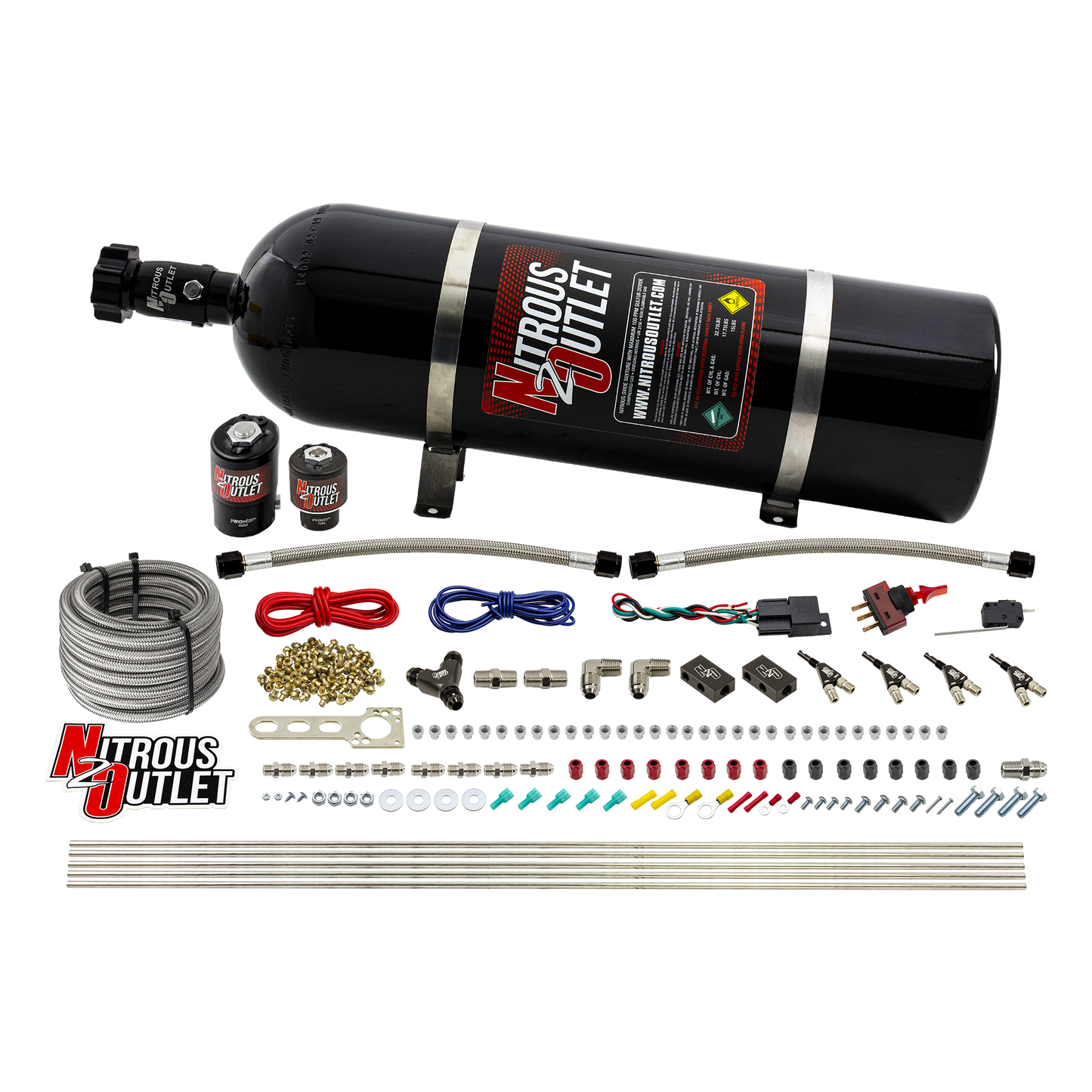 Nitrous Outlet 4 Cylinder Direct Port System - .122 Nitrous Solenoid/.177 Fuel Solenoid/Distribution Blocks/90 Degree Discharge Nozzles (Gas)(5-7-10 psi)(50-250HP) (15lb Bottle)