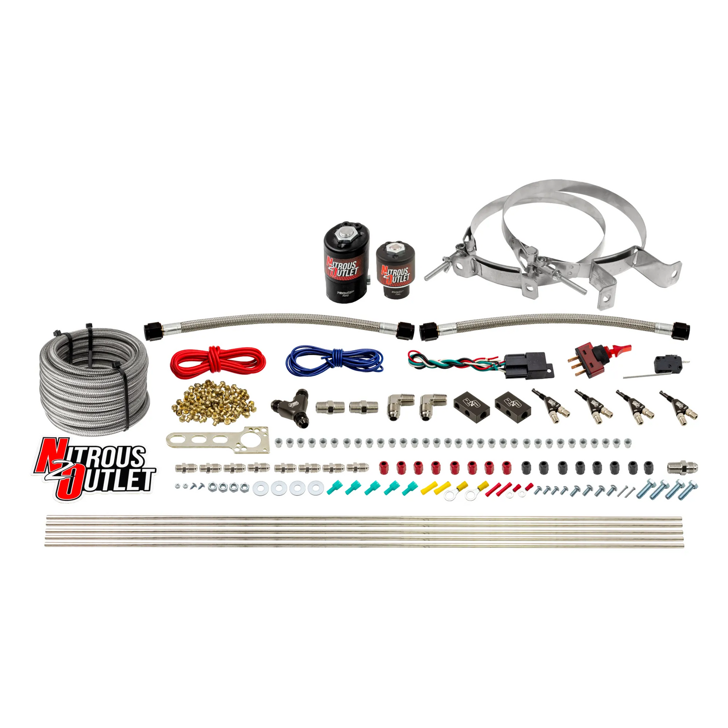 Nitrous Outlet 4 Cylinder Direct Port System - .122 Nitrous Solenoid/.177 Fuel Solenoid/Distribution Blocks/90 Degree Discharge Nozzles (Alcohol)(5-7-10 psi)(50-250HP)(No Bottle)