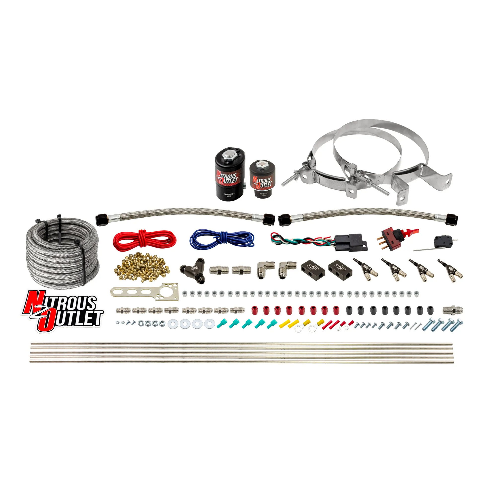 Nitrous Outlet 4 Cylinder Direct Port System - .122 Nitrous Solenoid/.177 Fuel Solenoid/Distribution Blocks/90 Degree Discharge Nozzles (Alcohol)(5-7-10 psi)(50-250HP)(No Bottle)