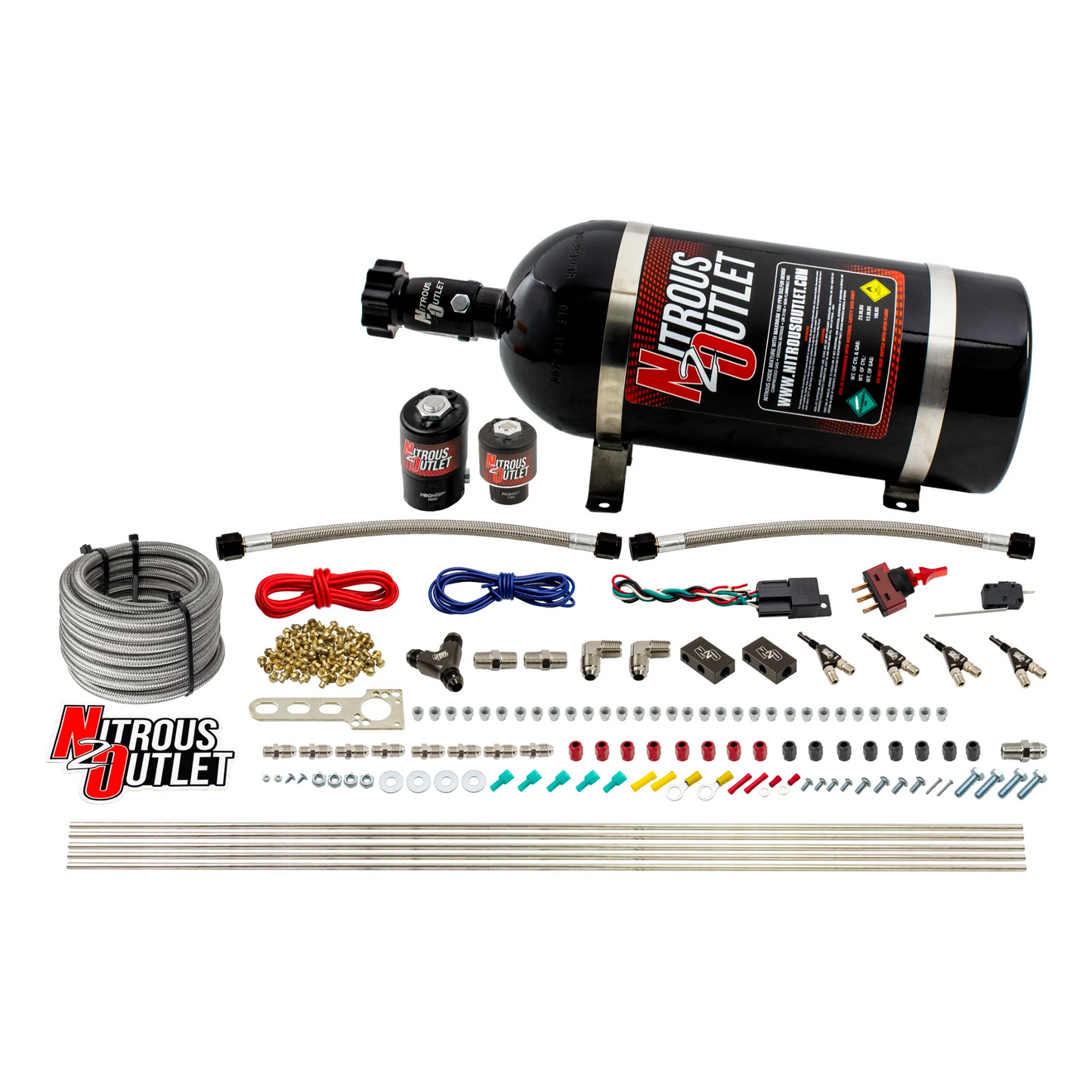 Nitrous Outlet 4 Cylinder Direct Port System - .122 Nitrous Solenoid/.177 Fuel Solenoid/Distribution Blocks/90 Degree Discharge Nozzles (Alcohol)(5-7-10 psi)(50-250HP)(10lb Bottle)
