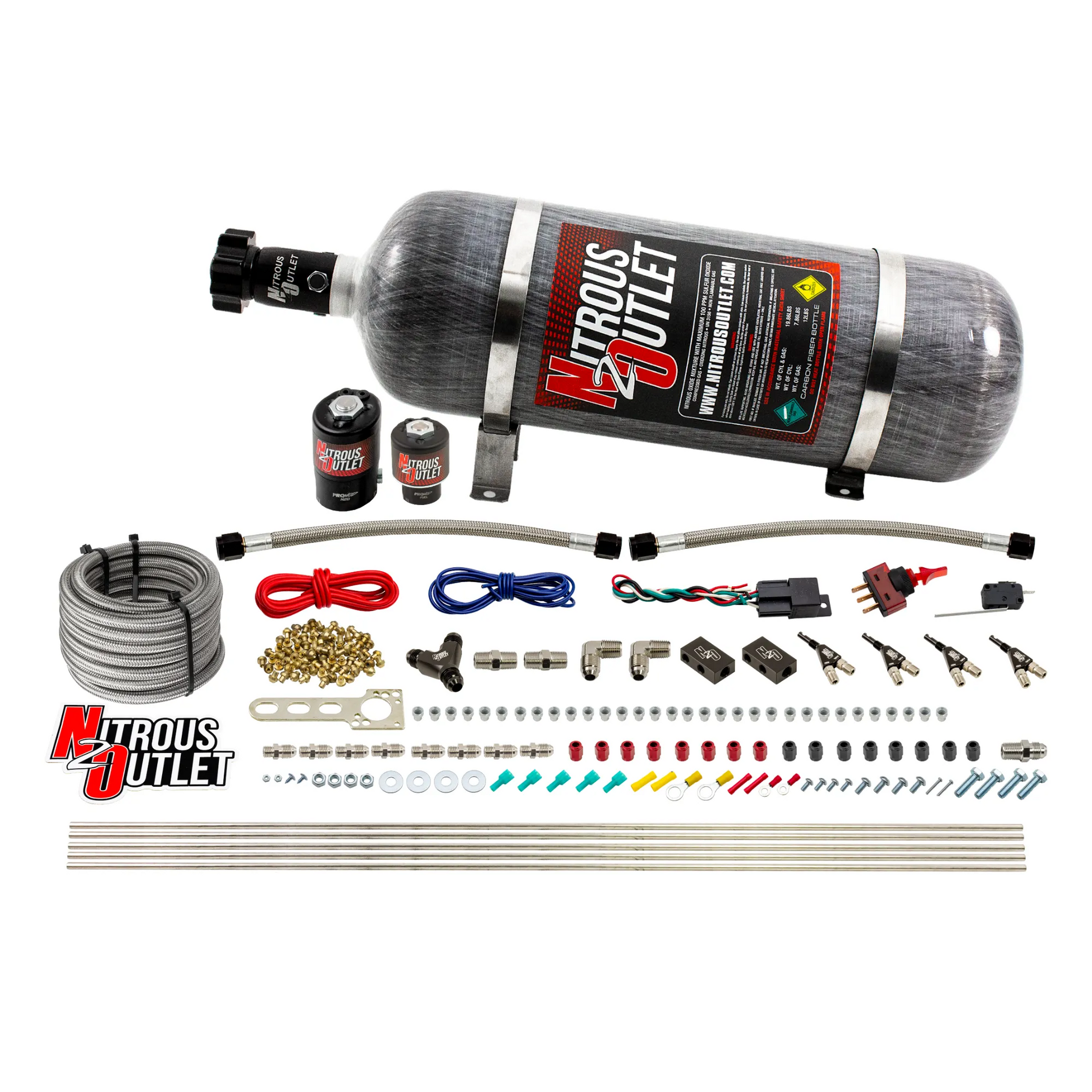 Nitrous Outlet 4 Cylinder Direct Port System - .122 Nitrous Solenoid/.177 Fuel Solenoid/Distribution Blocks/90 Degree Discharge Nozzles (Alcohol)(5-7-10 psi)(50-250HP)(12lb Bottle)