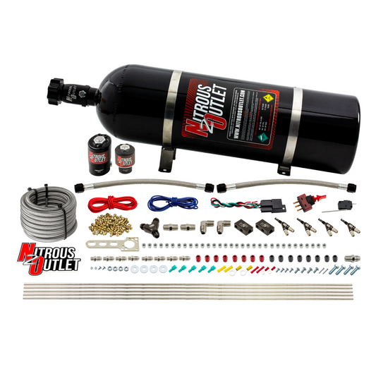 Nitrous Outlet 4 Cylinder Direct Port System - .122 Nitrous Solenoid/.177 Fuel Solenoid/Distribution Blocks/90 Degree Discharge Nozzles (Alcohol)(5-7-10 psi)(50-250HP)(15lb Bottle)