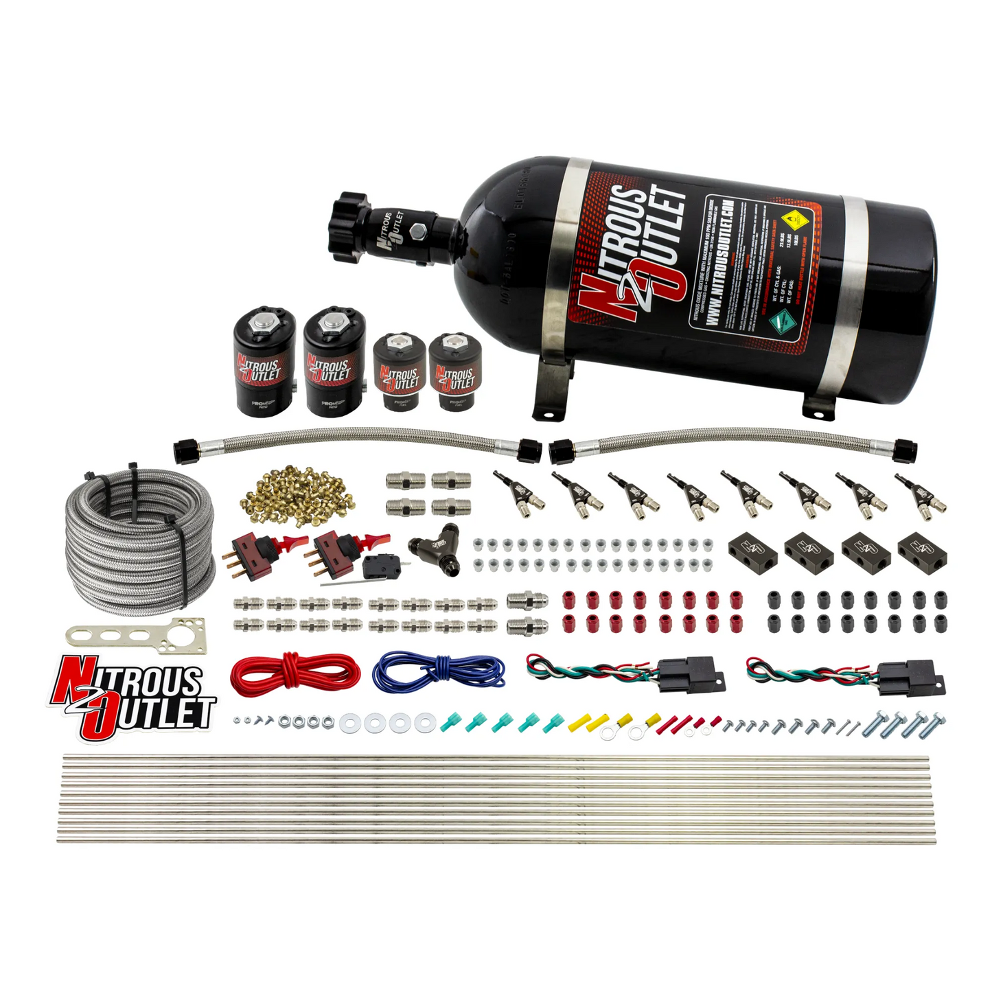 Nitrous Outlet 4 Cylinder Dual Stage Direct Port System - Two .122 Nitrous Solenoids/Two .177 Fuel Solenoids/Distribution Blocks/90 Degree Discharge Nozzles (Alcohol)(5-7-10 psi)(50-250HP)(10lb Bottle)
