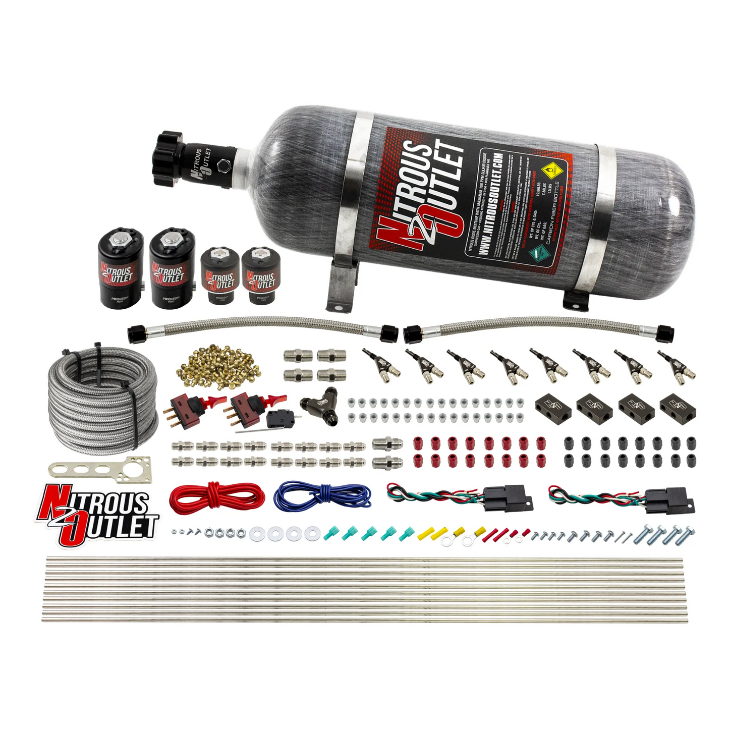 Nitrous Outlet 4 Cylinder Dual Stage Direct Port System - Two .122 Nitrous Solenoids/Two .177 Fuel Solenoids/Distribution Blocks/90 Degree Discharge Nozzles (Alcohol)(5-7-10 psi)(50-250HP)(12lb Bottle)